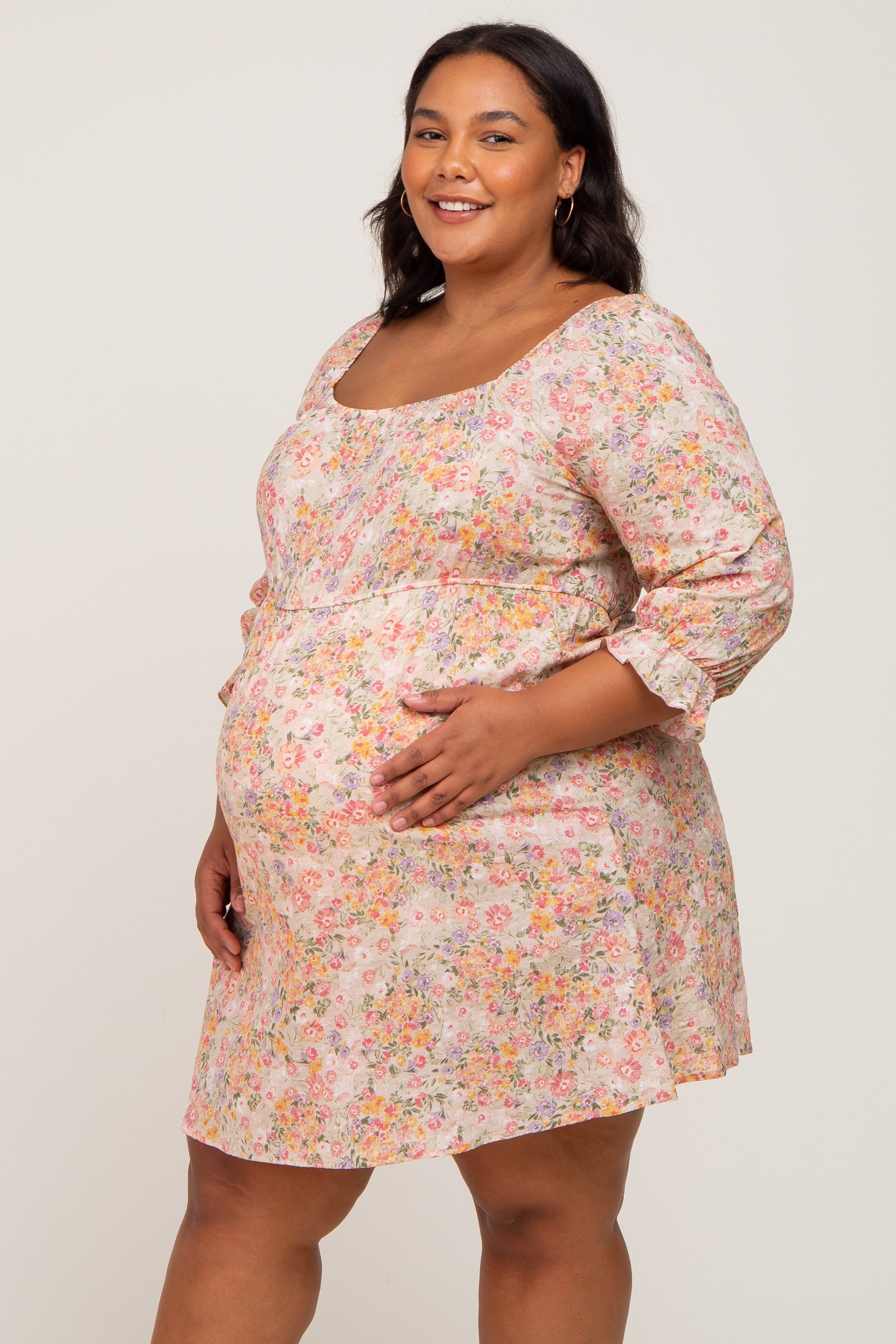 Taupe Floral Bubble Sleeve Maternity Plus Dress sold by Pinkblush product image thumbnail 2