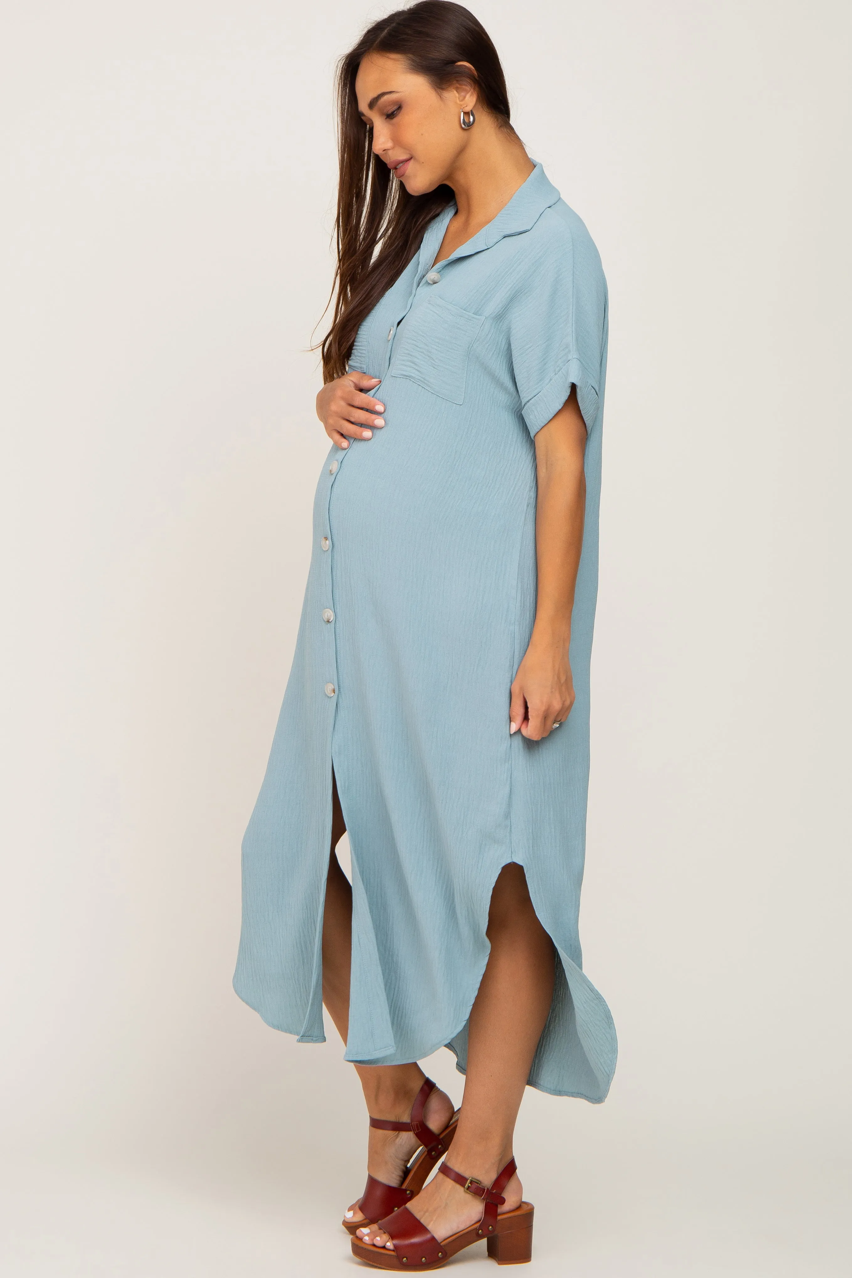 Mint Green Button Down Hi Low Maternity Maxi Dress sold by Pinkblush product image thumbnail 2