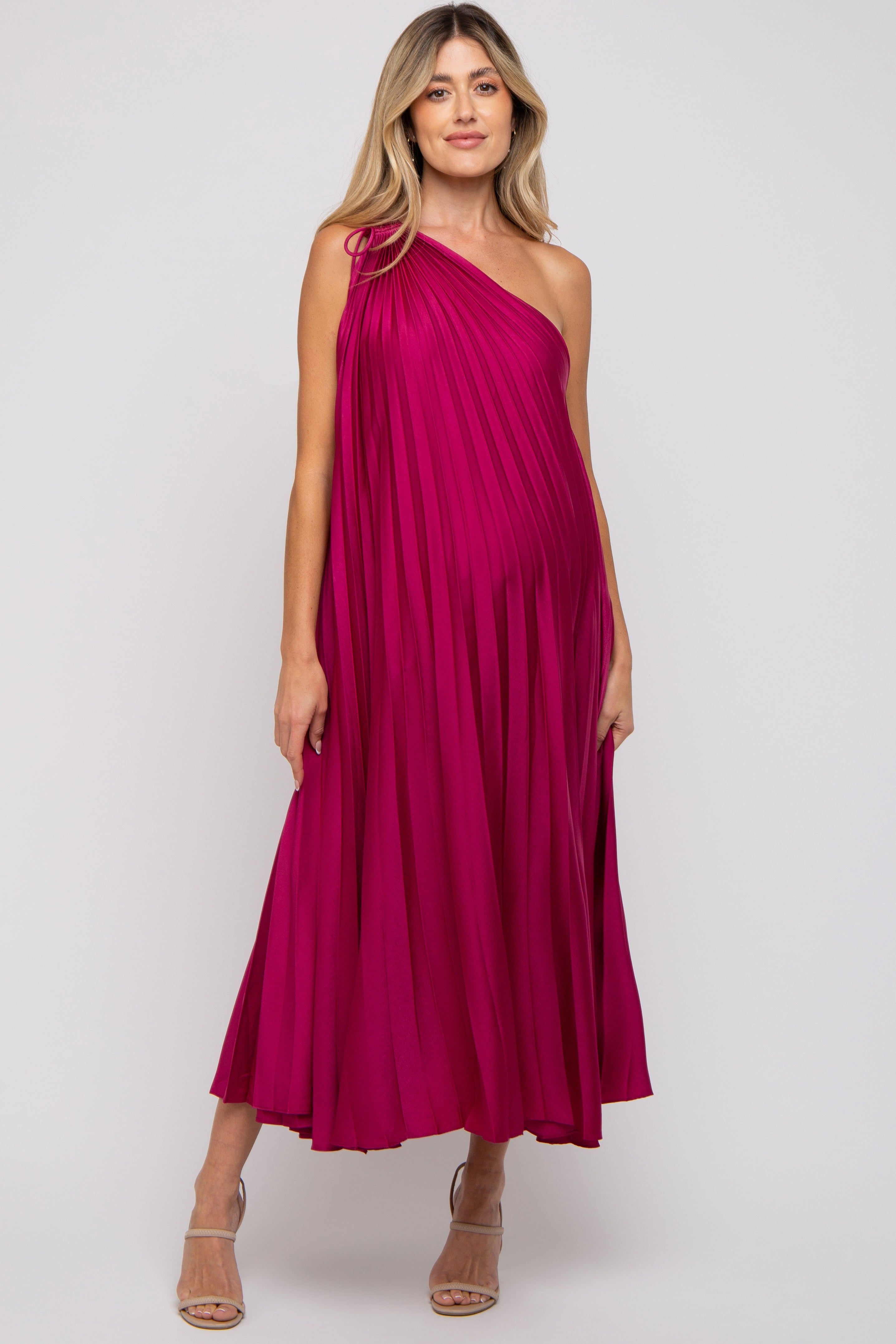 Magenta Satin Pleated One Shoulder Maternity Midi Dress sold by Pinkblush