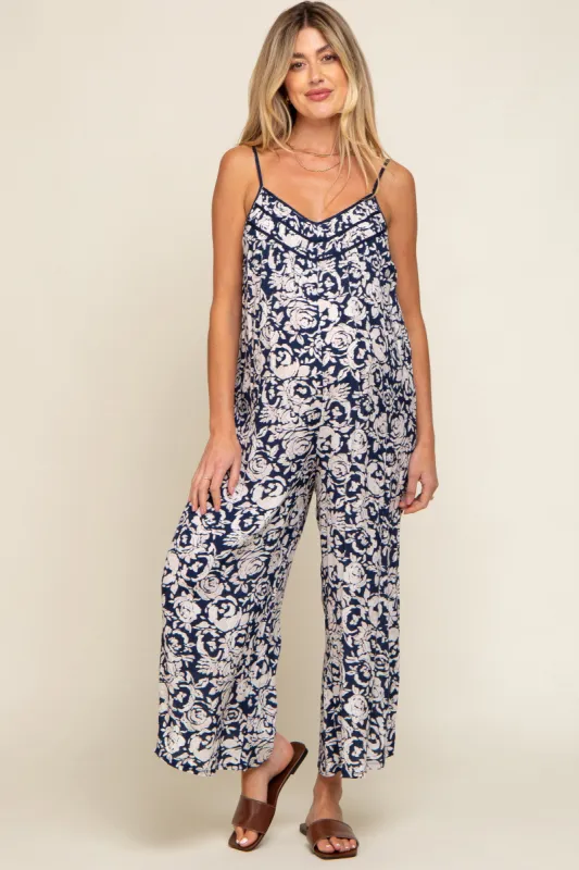 Navy Blue Floral Wide Leg Crop Maternity Jumpsuit sold by Pinkblush