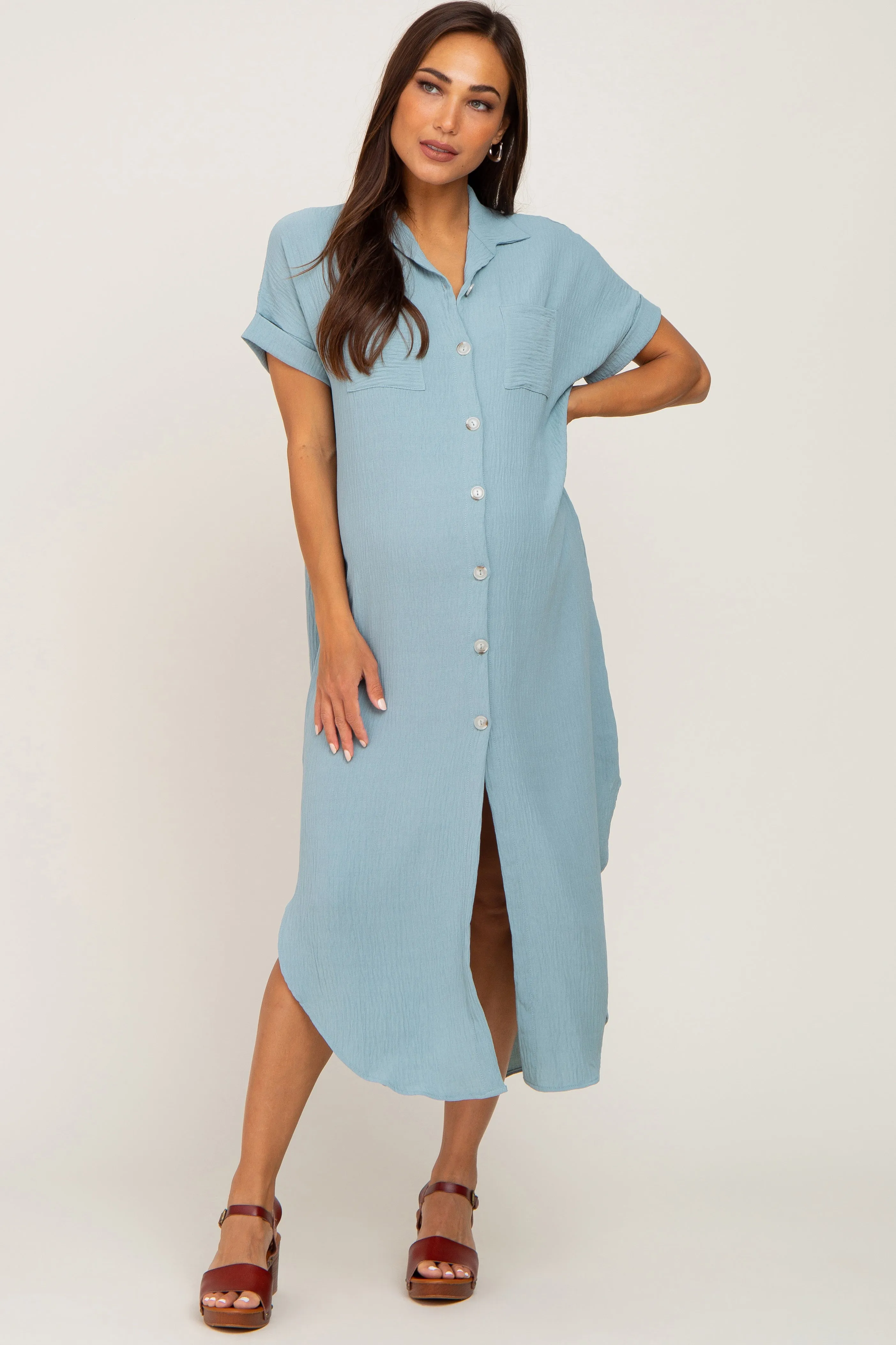 Mint Green Button Down Hi Low Maternity Maxi Dress sold by Pinkblush