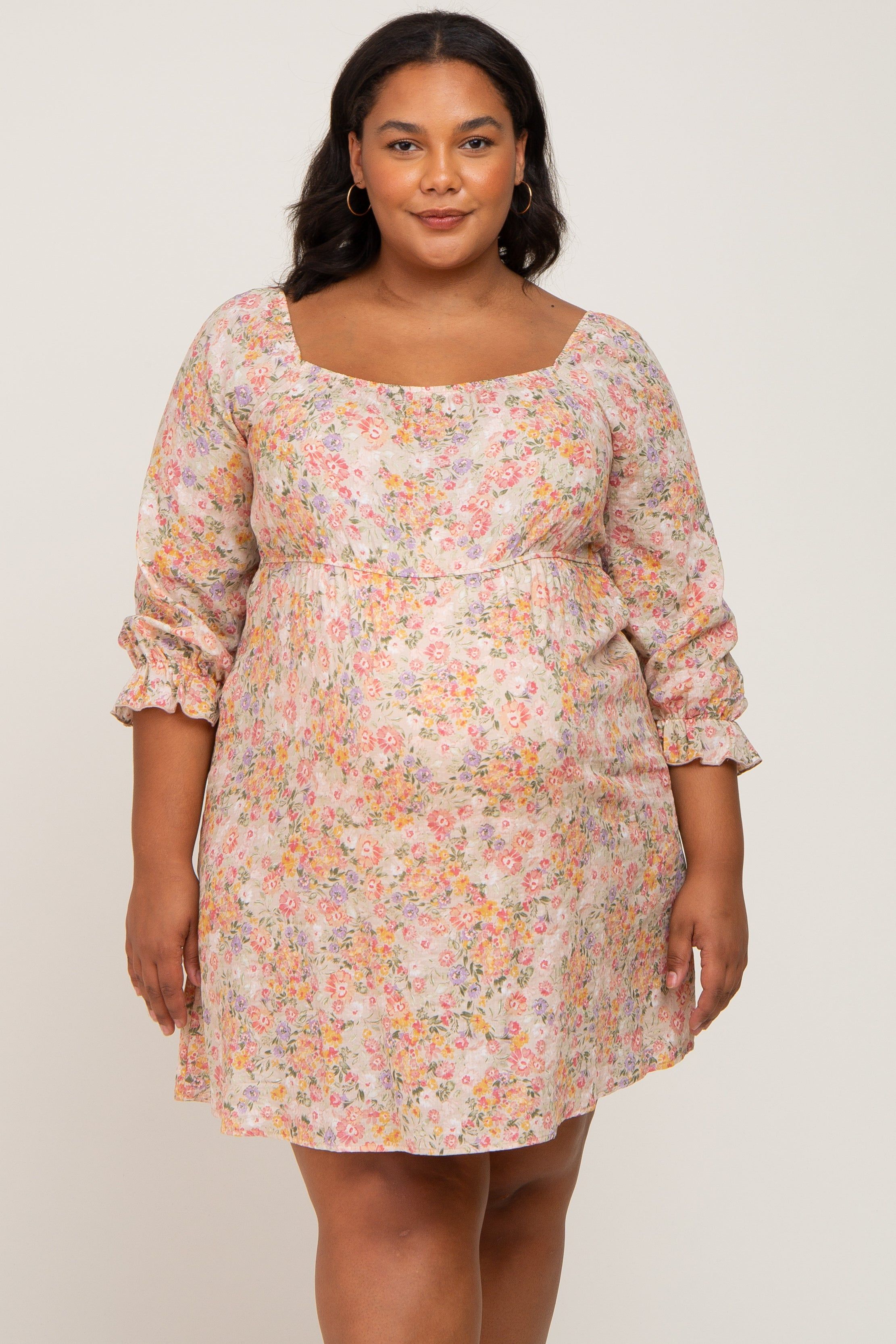 Taupe Floral Bubble Sleeve Maternity Plus Dress sold by Pinkblush