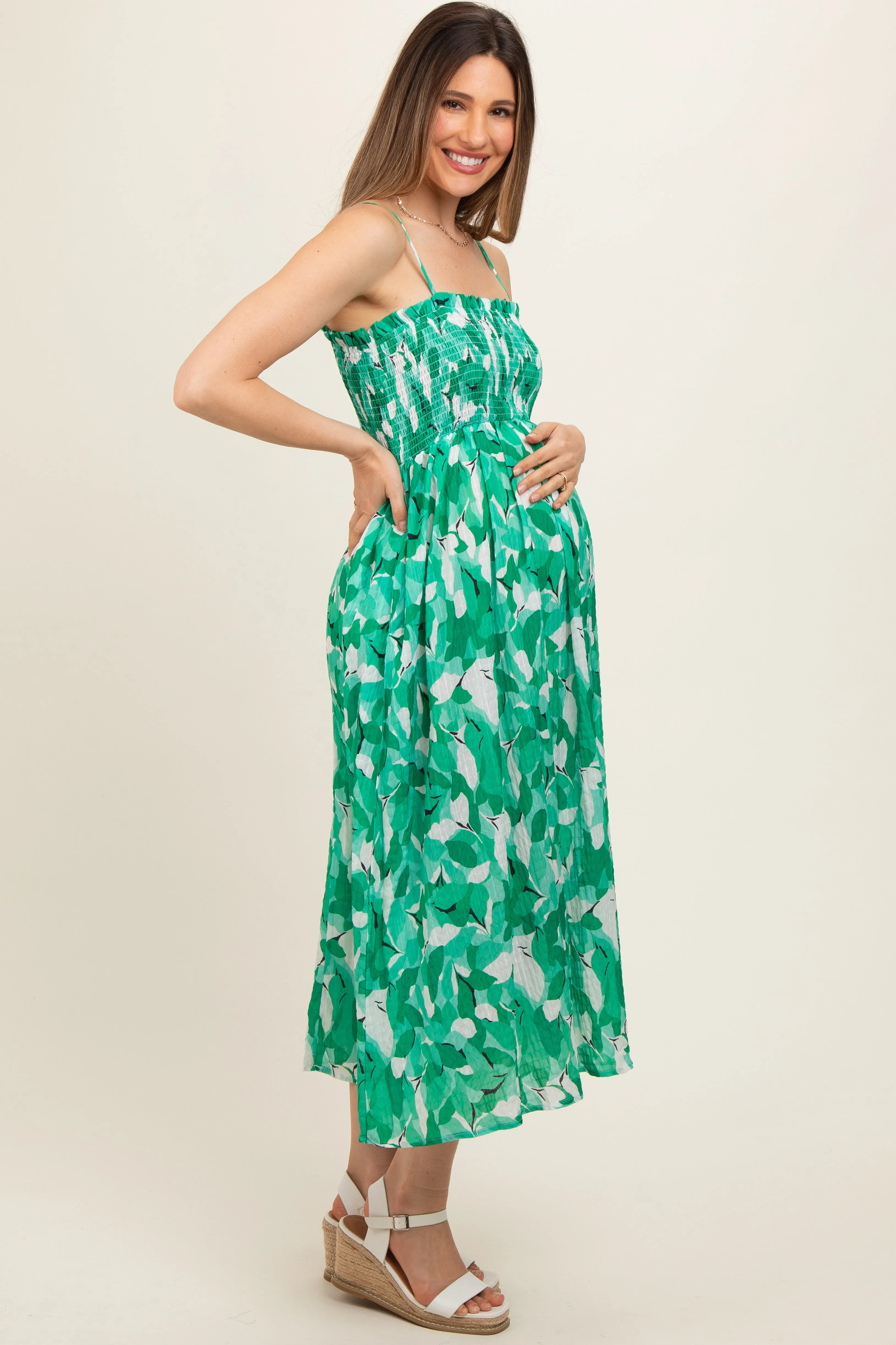 Green Abstract Floral Smocked Maternity Midi Dress sold by Pinkblush product image thumbnail 2