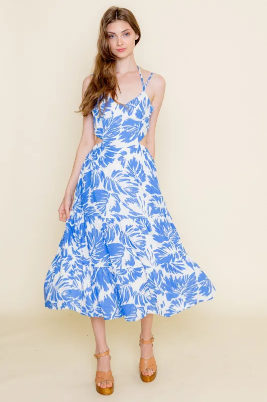 White Blue Floral Print Cut Out Midi Dress sold by Pinkblush