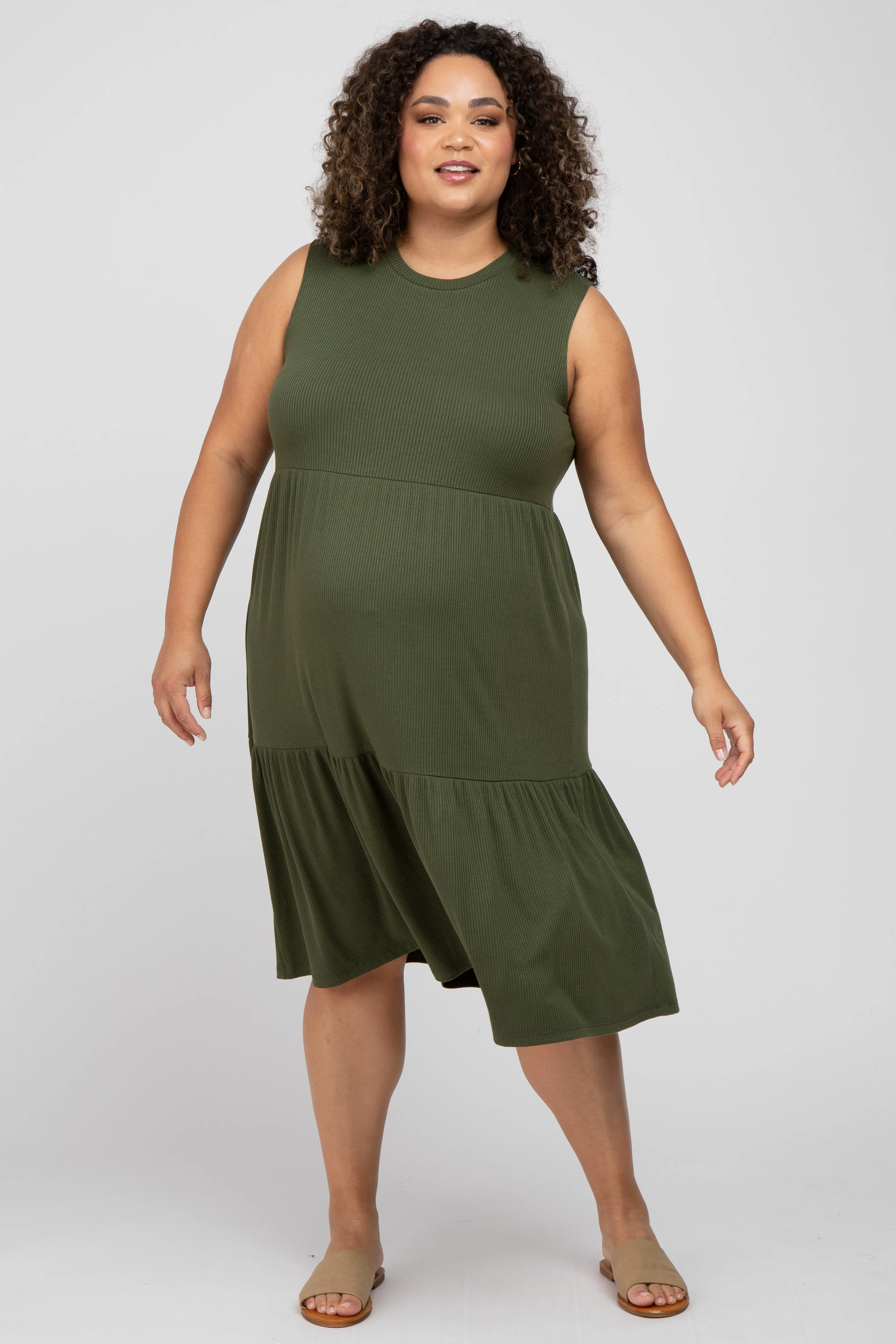 Olive Ribbed Sleeveless Plus Maternity Midi Dress sold by Pinkblush