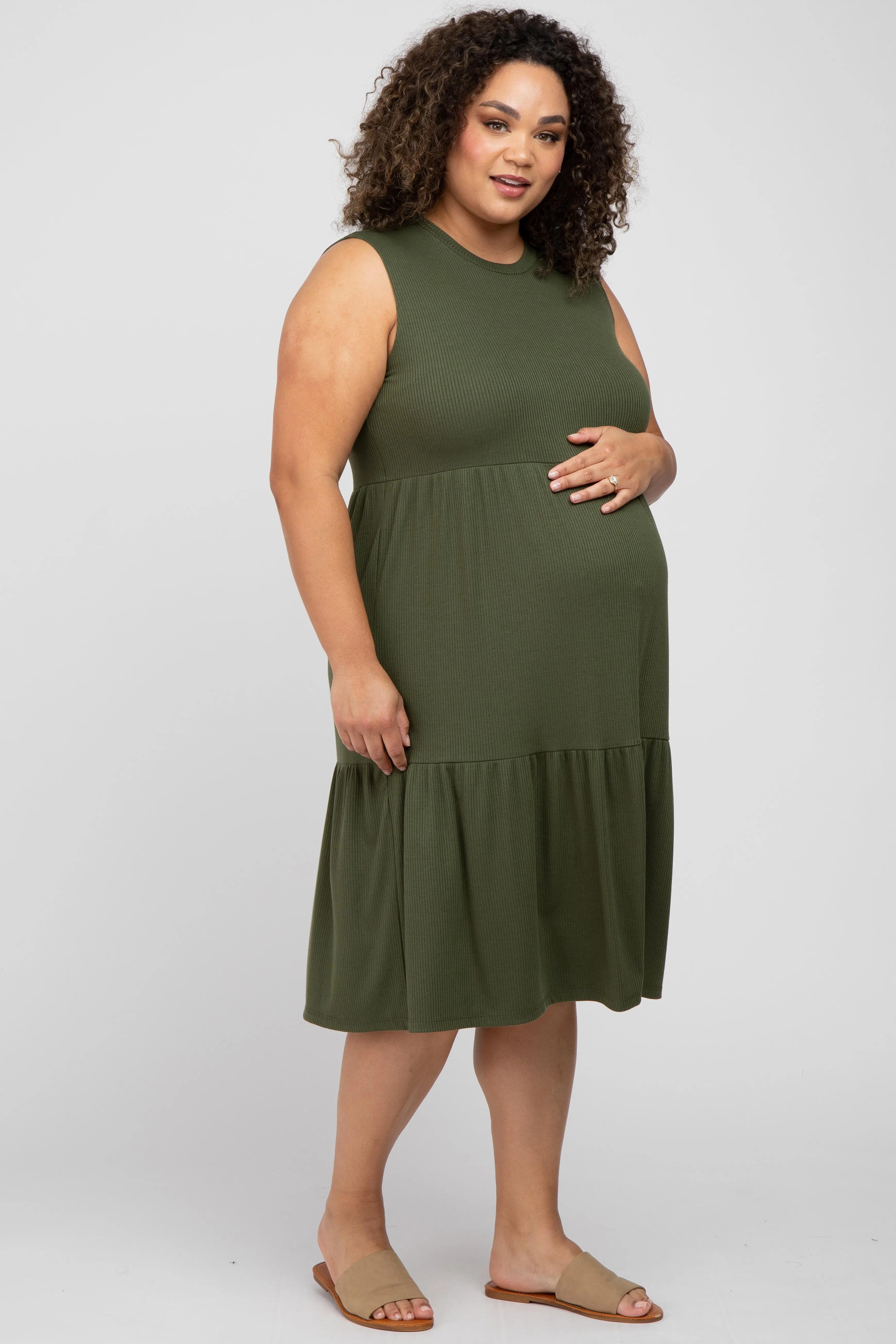 Olive Ribbed Sleeveless Plus Maternity Midi Dress sold by Pinkblush product image thumbnail 2