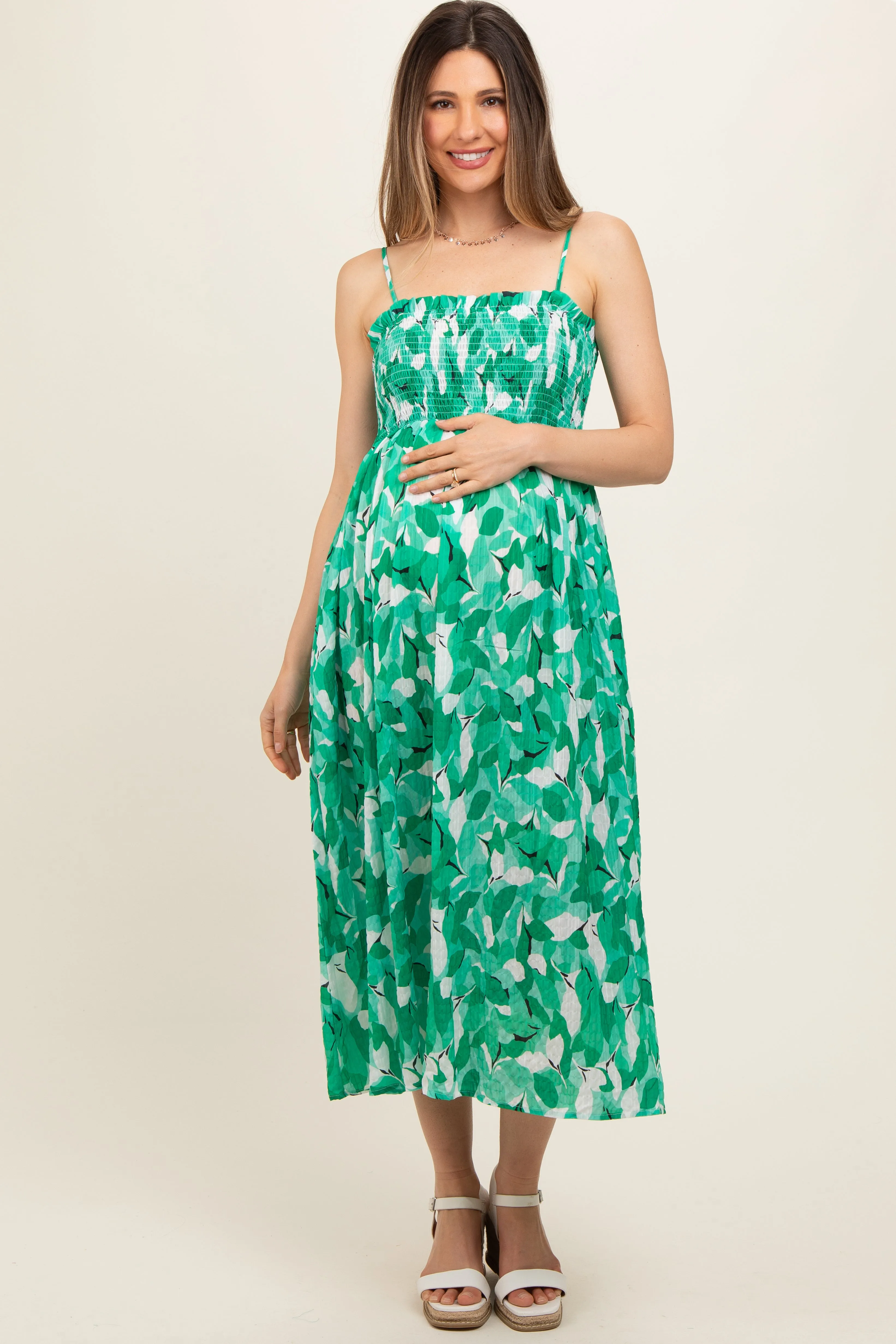 Green Abstract Floral Smocked Maternity Midi Dress sold by Pinkblush