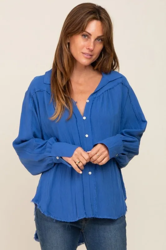 Blue Button-Down Raw Hem Blouse sold by Pinkblush