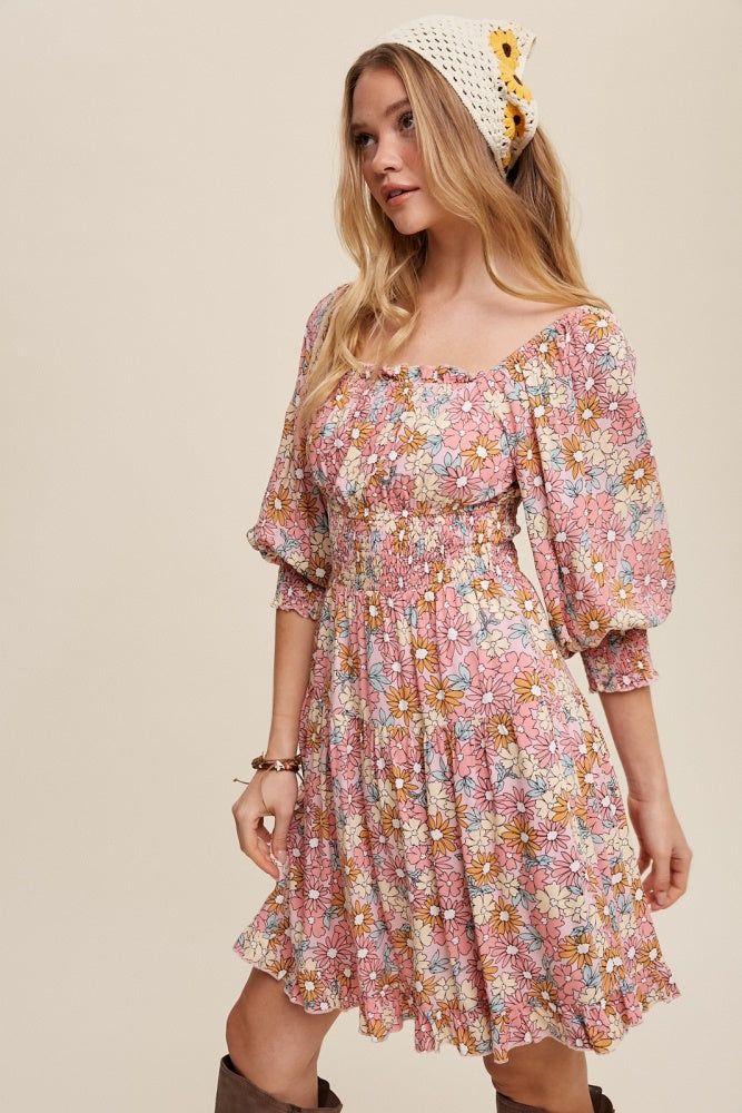 Pink Flower Print Square Neck And Puff Sleeve Dress sold by Pinkblush product image thumbnail 2
