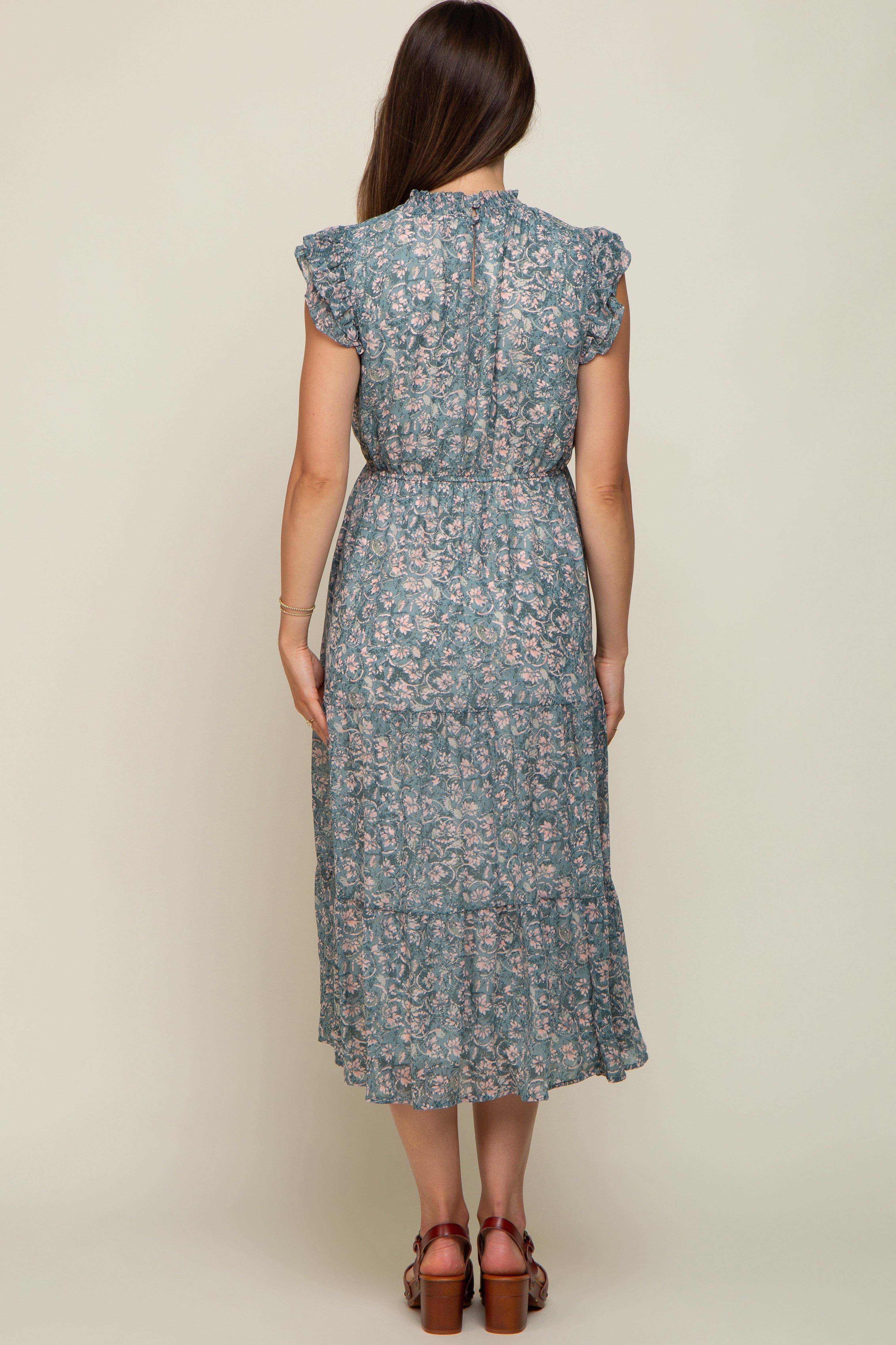 Teal Floral Tiered Maternity Midi Dress sold by Pinkblush product image thumbnail 3