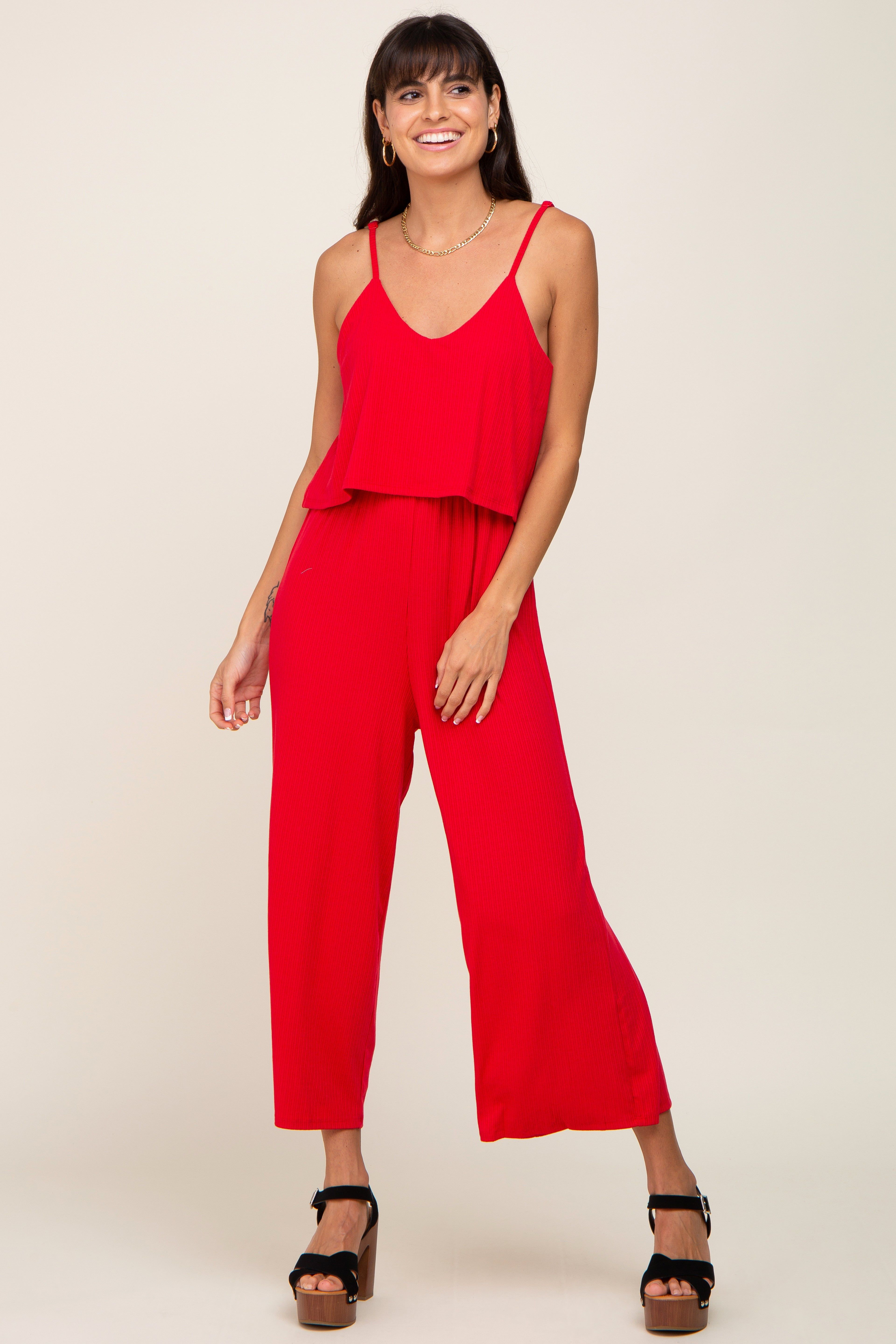Red Ribbed Double Layer Cropped Jumpsuit sold by Pinkblush product image thumbnail 5
