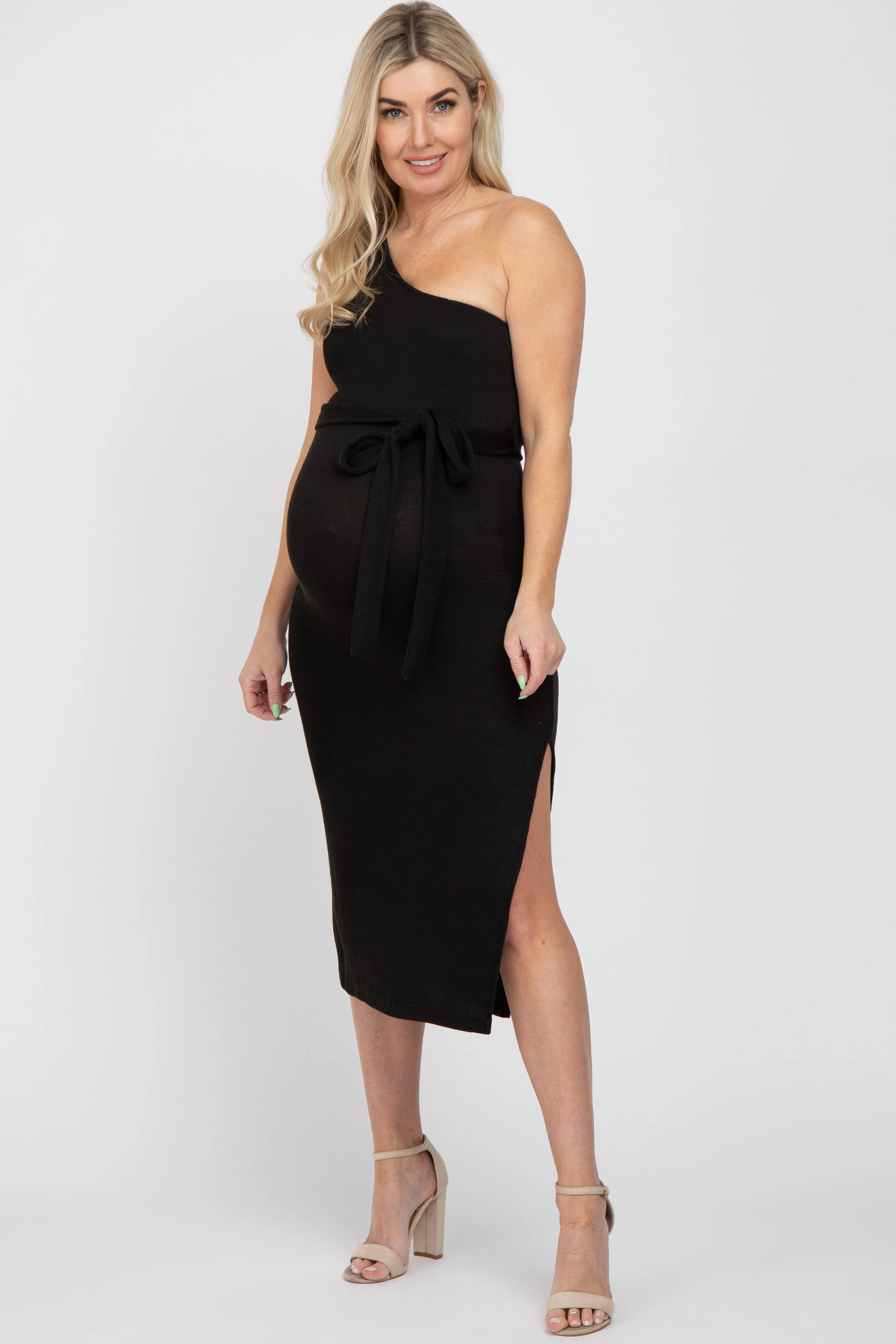 Black Ribbed One Shoulder Side Slit Maternity Midi Dress sold by Pinkblush