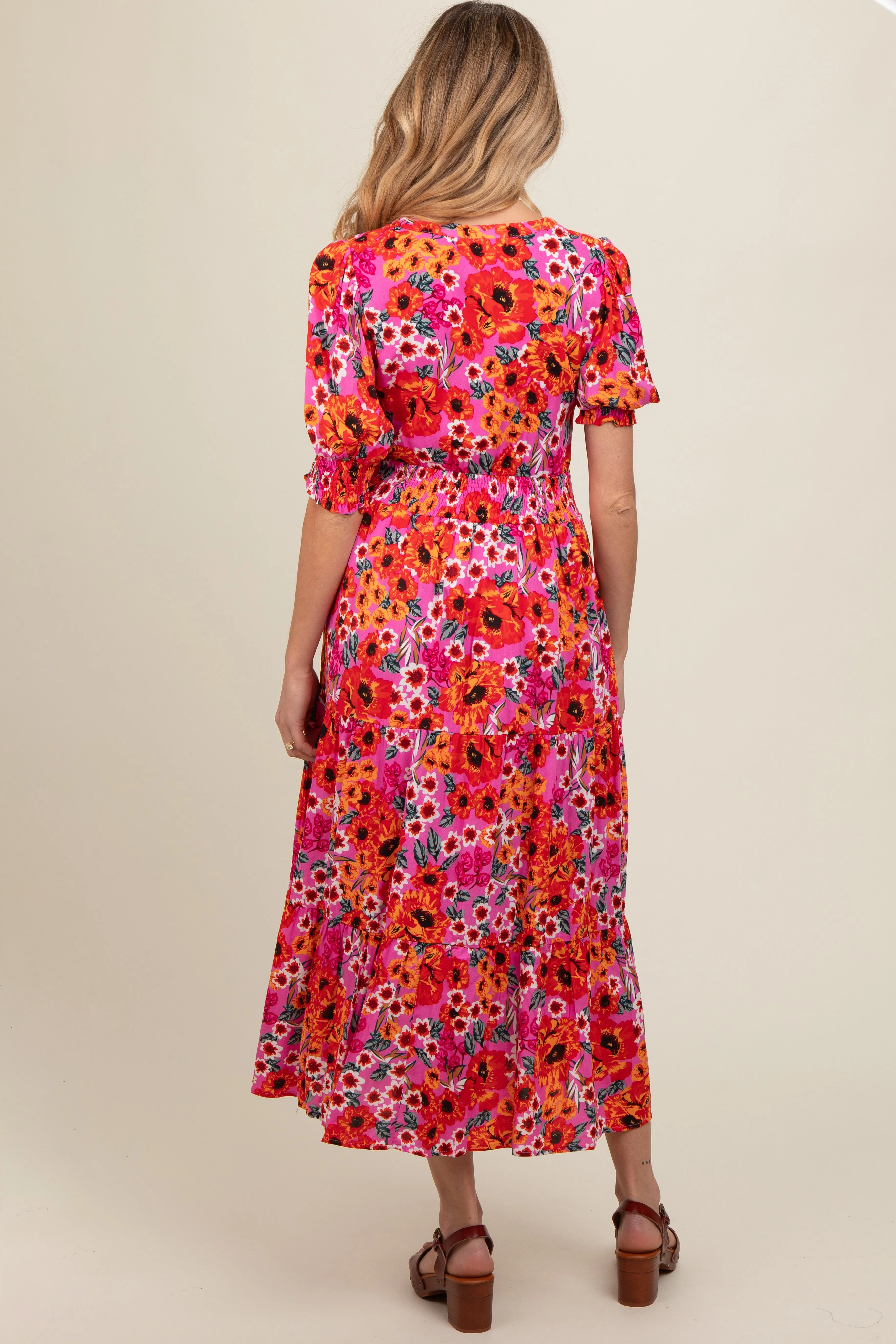 Fuchsia Floral Button Front Smocked Waist Tiered Maternity Midi Dress sold by Pinkblush product image thumbnail 4