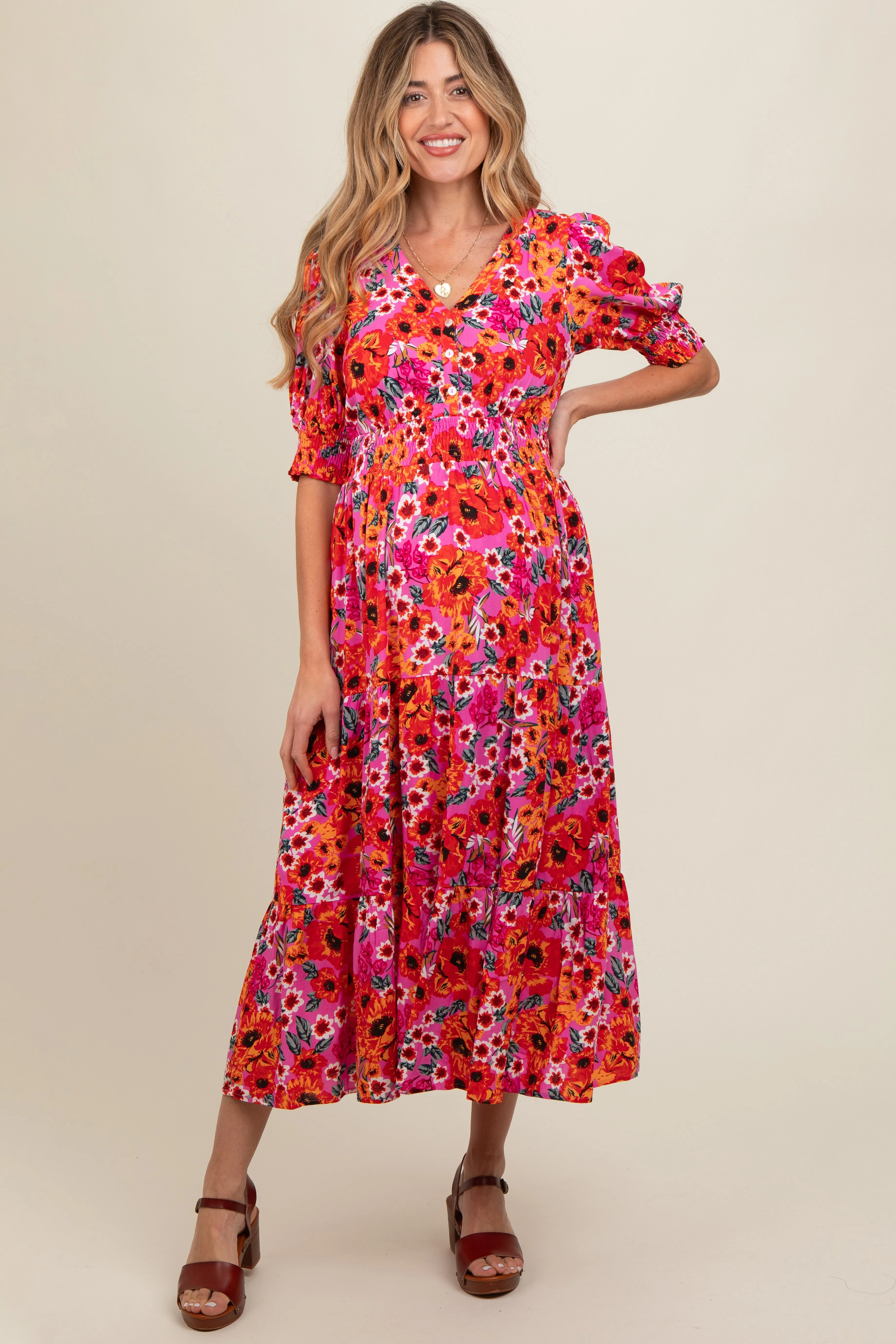Fuchsia Floral Button Front Smocked Waist Tiered Maternity Midi Dress sold by Pinkblush