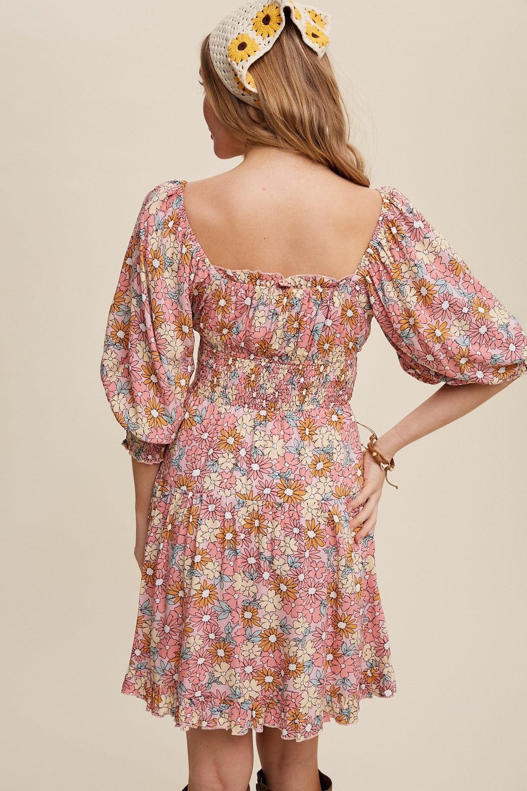 Pink Flower Print Square Neck And Puff Sleeve Dress sold by Pinkblush product image thumbnail 3