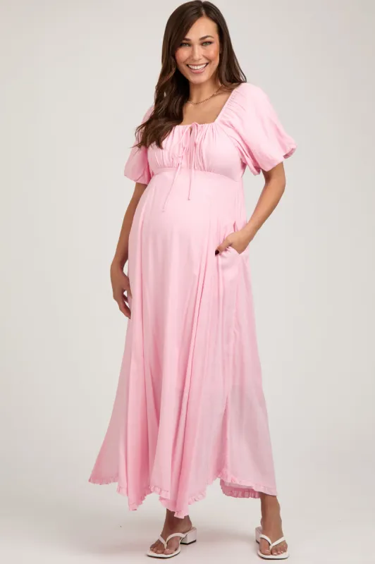 Pink Front Tie Puff Sleeve Maternity Maxi Dress sold by Pinkblush