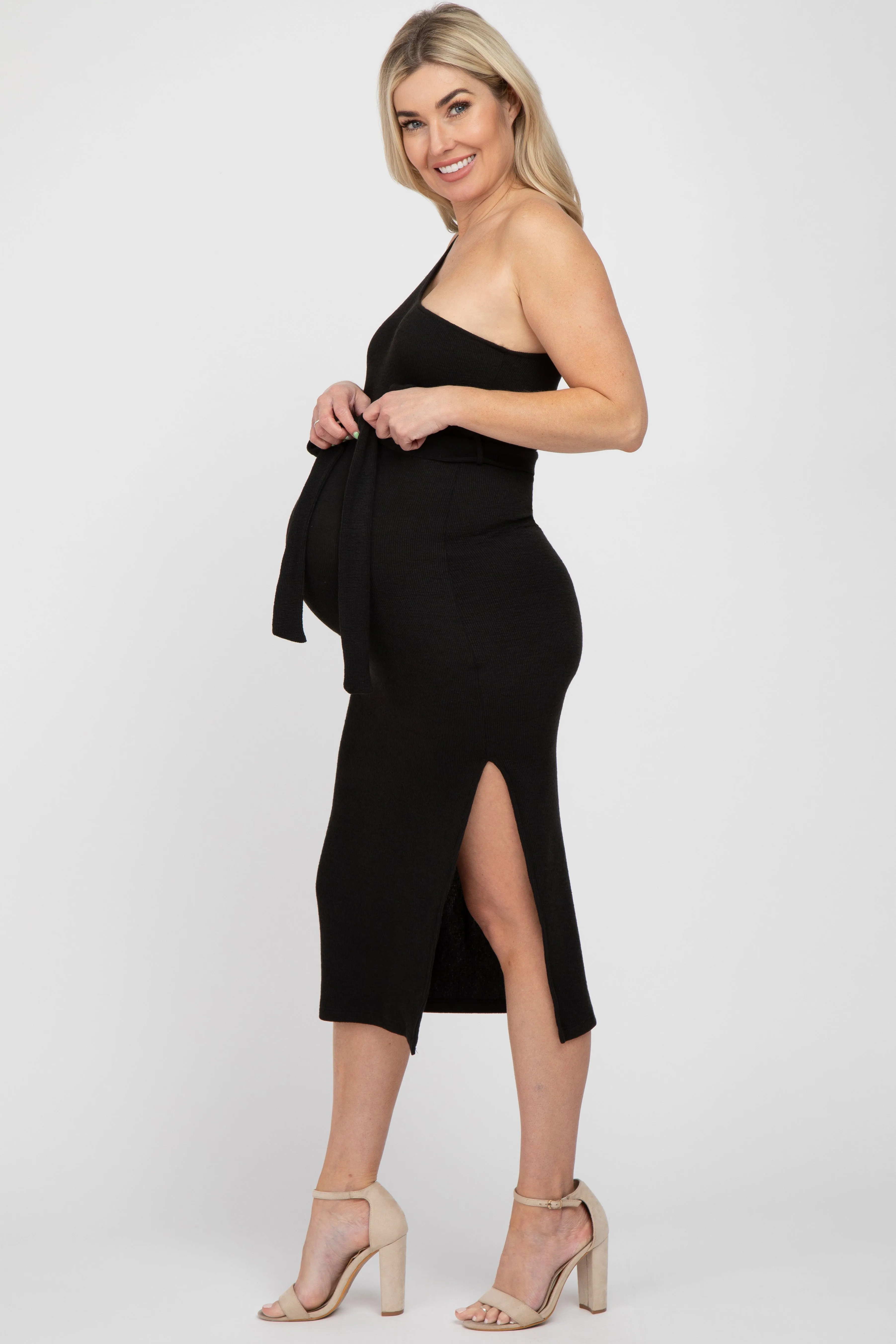 Black Ribbed One Shoulder Side Slit Maternity Midi Dress sold by Pinkblush product image thumbnail 2