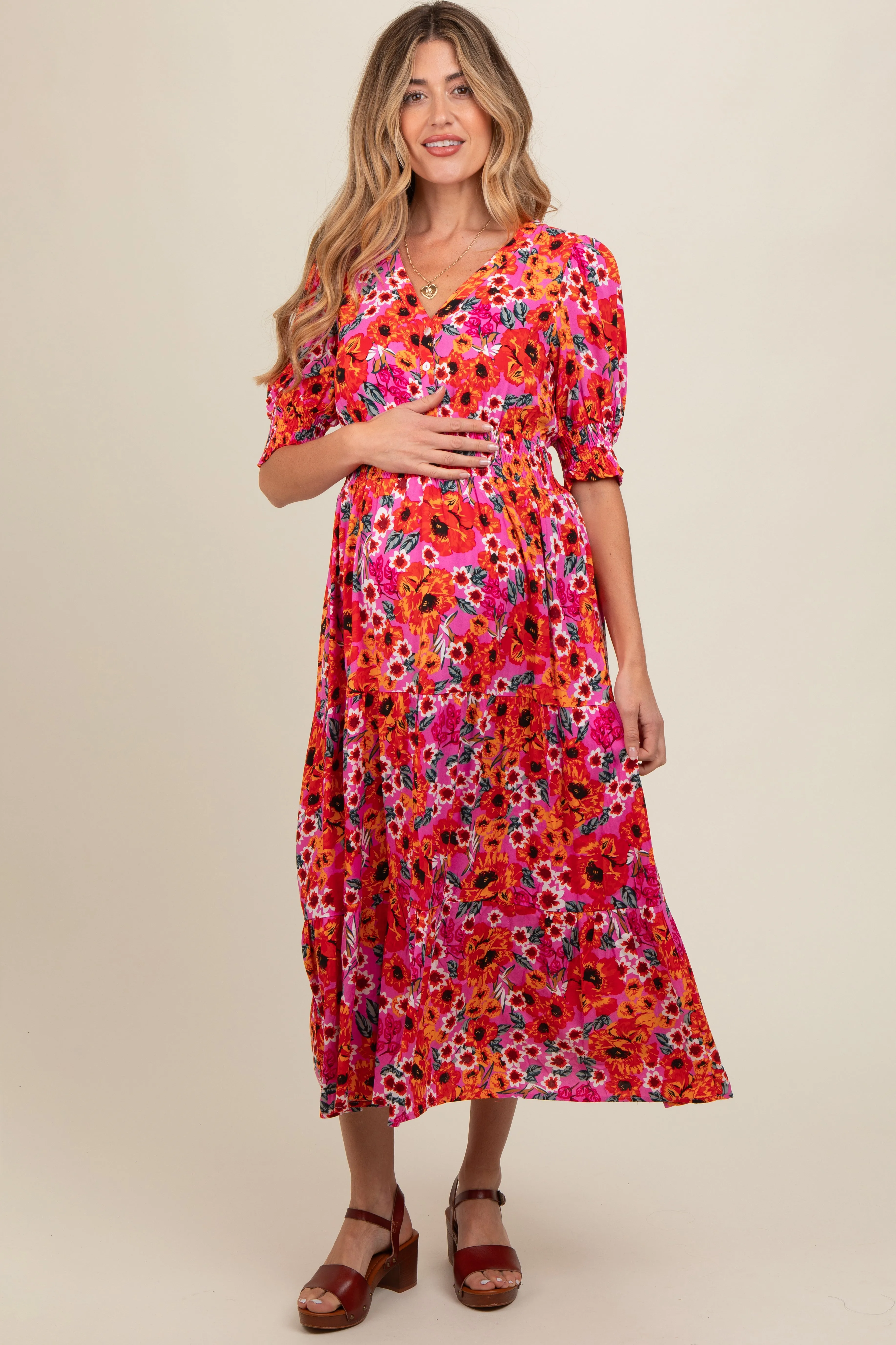 Fuchsia Floral Button Front Smocked Waist Tiered Maternity Midi Dress sold by Pinkblush product image thumbnail 2