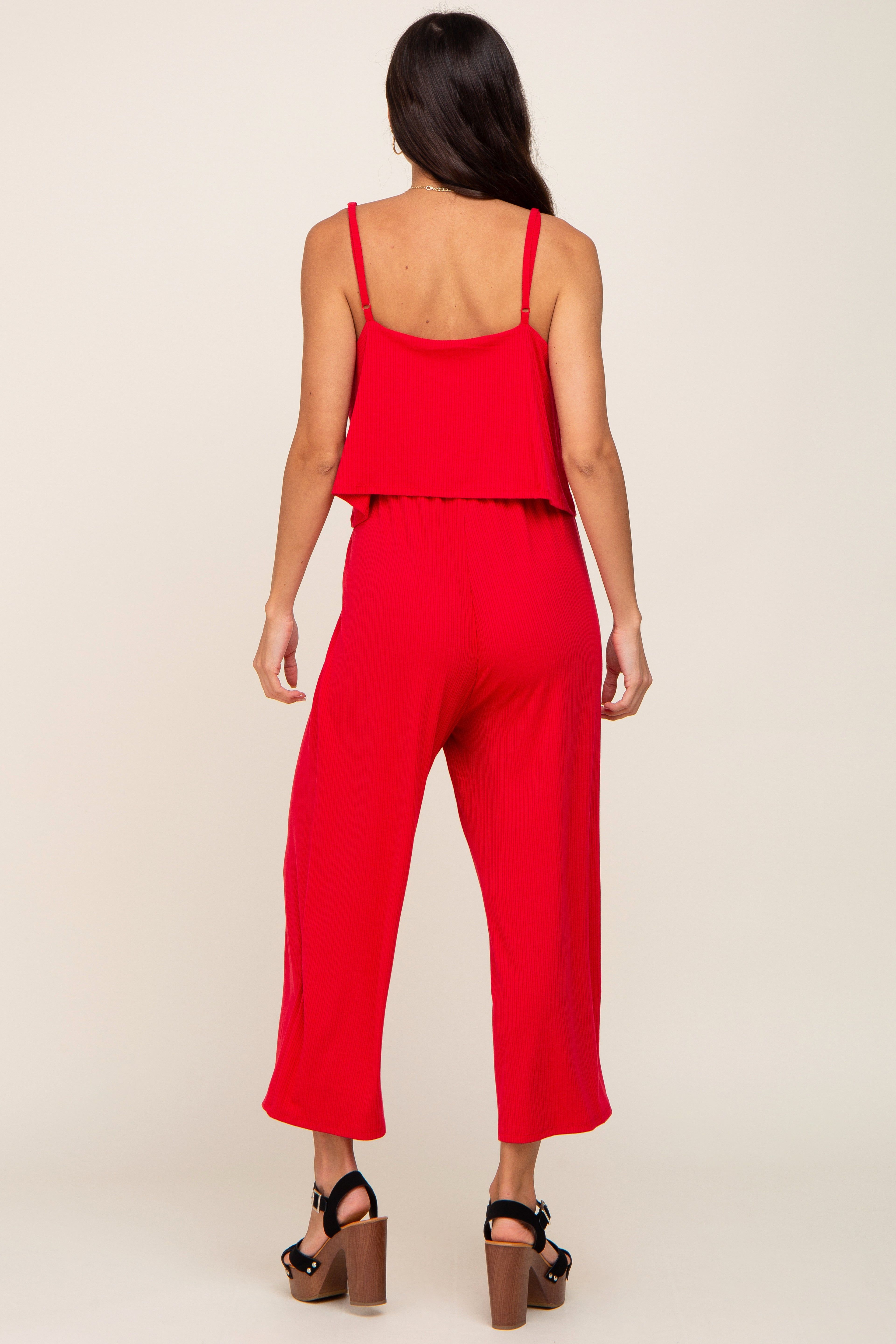 Red Ribbed Double Layer Cropped Jumpsuit sold by Pinkblush product image thumbnail 4