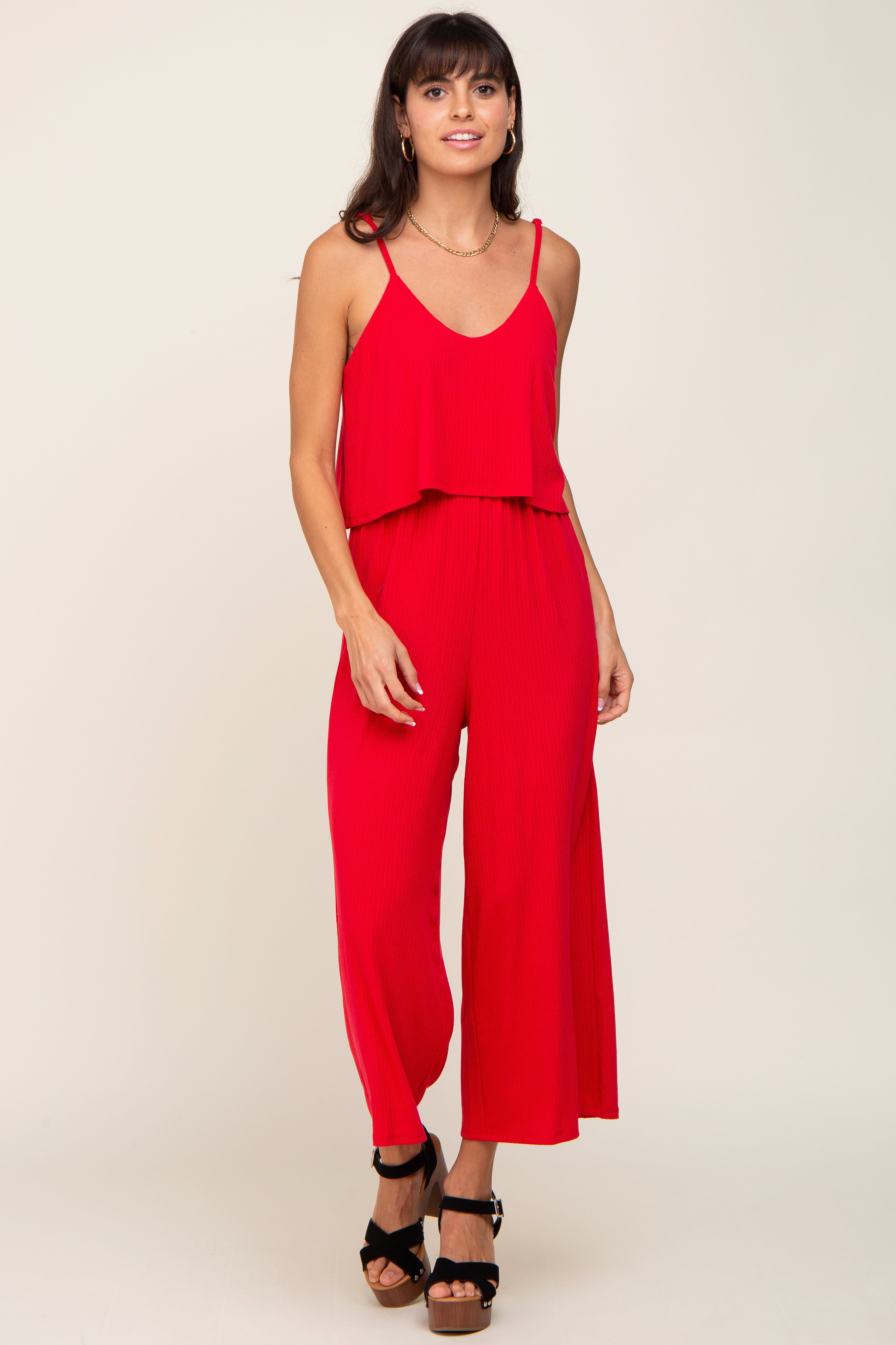 Red Ribbed Double Layer Cropped Jumpsuit sold by Pinkblush