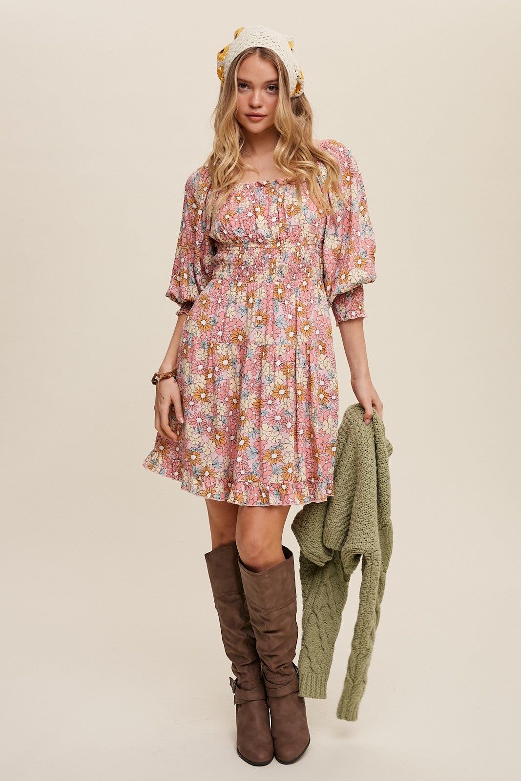 Pink Flower Print Square Neck And Puff Sleeve Dress sold by Pinkblush product image thumbnail 4