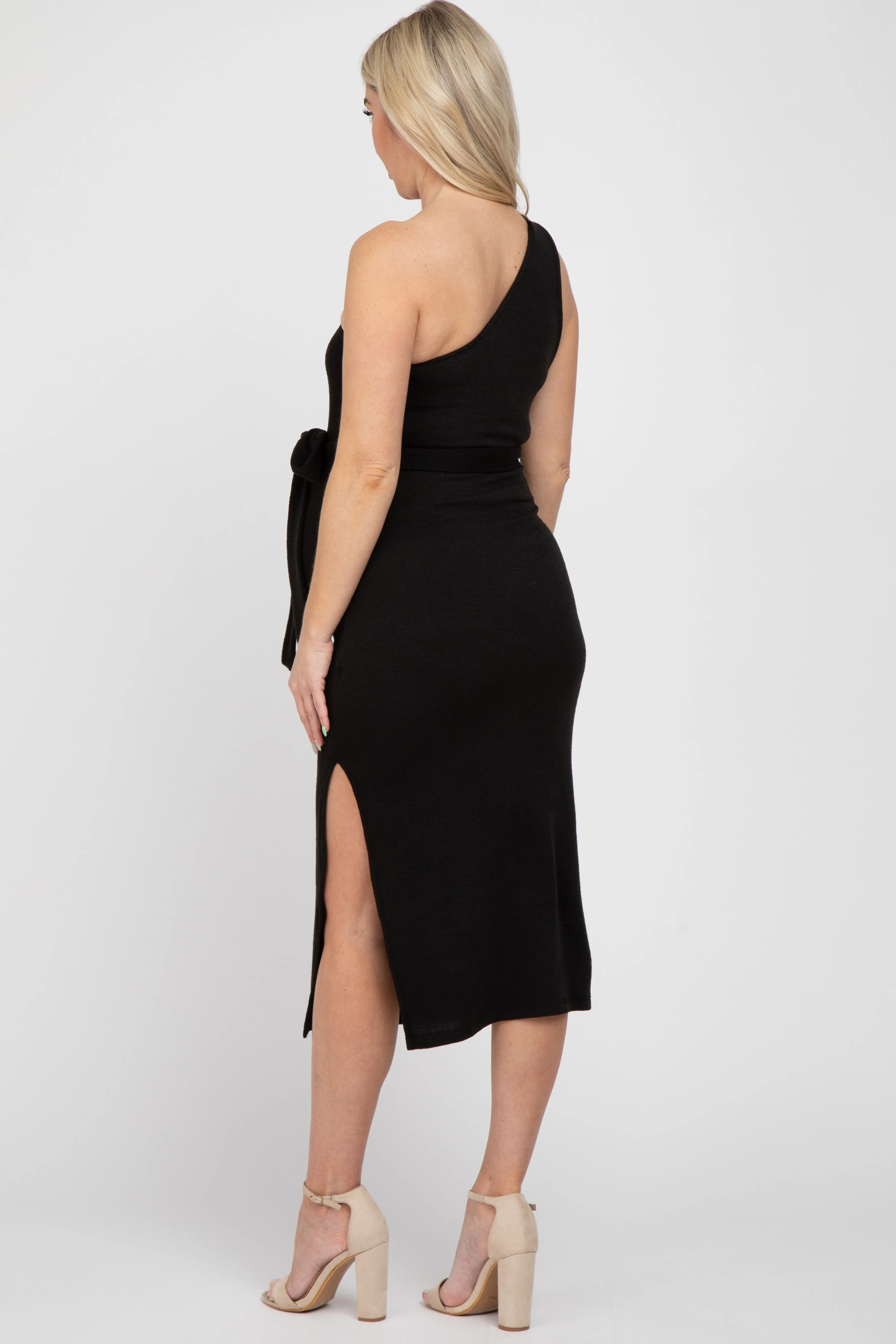 Black Ribbed One Shoulder Side Slit Maternity Midi Dress sold by Pinkblush product image thumbnail 3