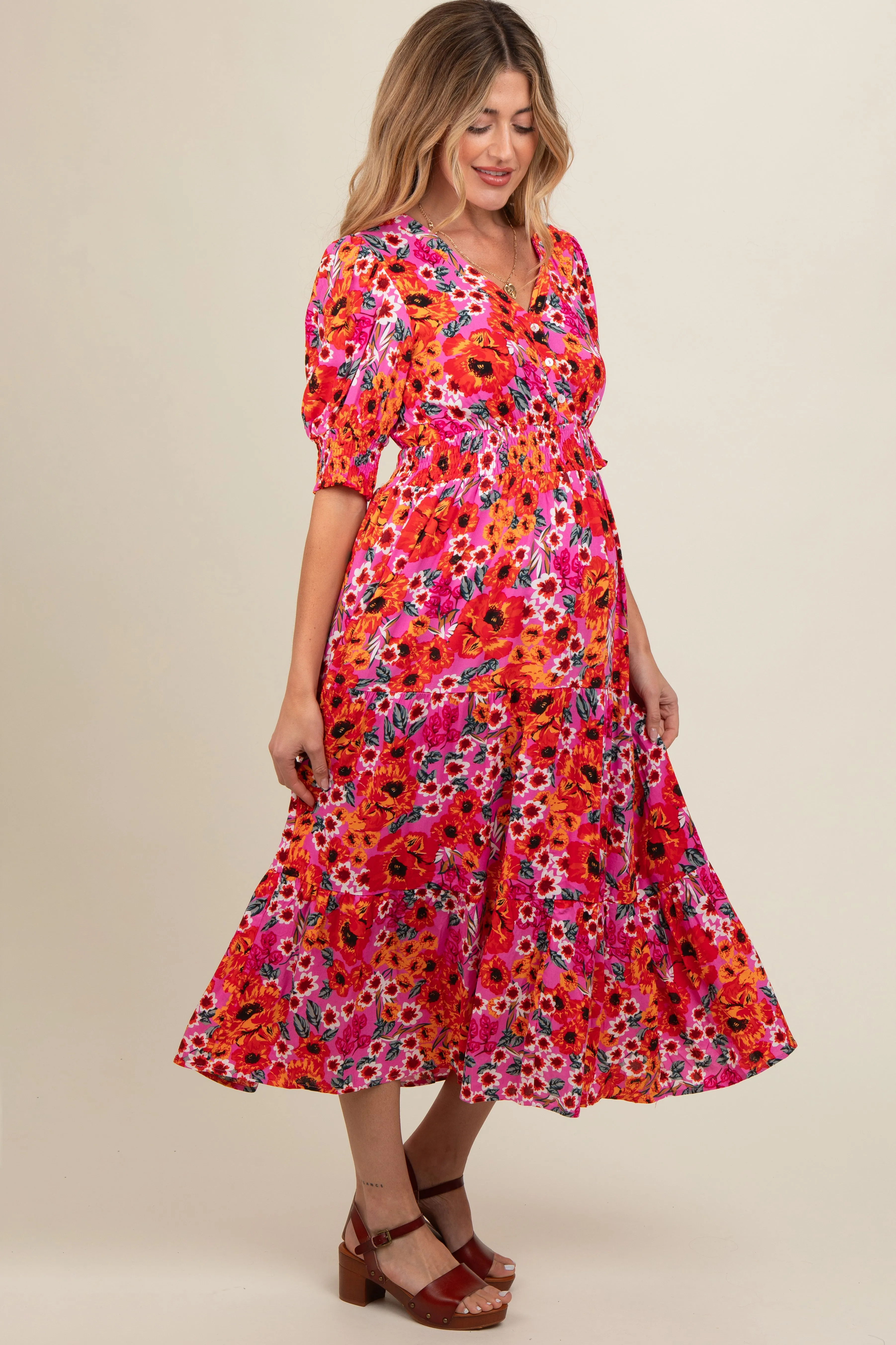 Fuchsia Floral Button Front Smocked Waist Tiered Maternity Midi Dress sold by Pinkblush product image thumbnail 3