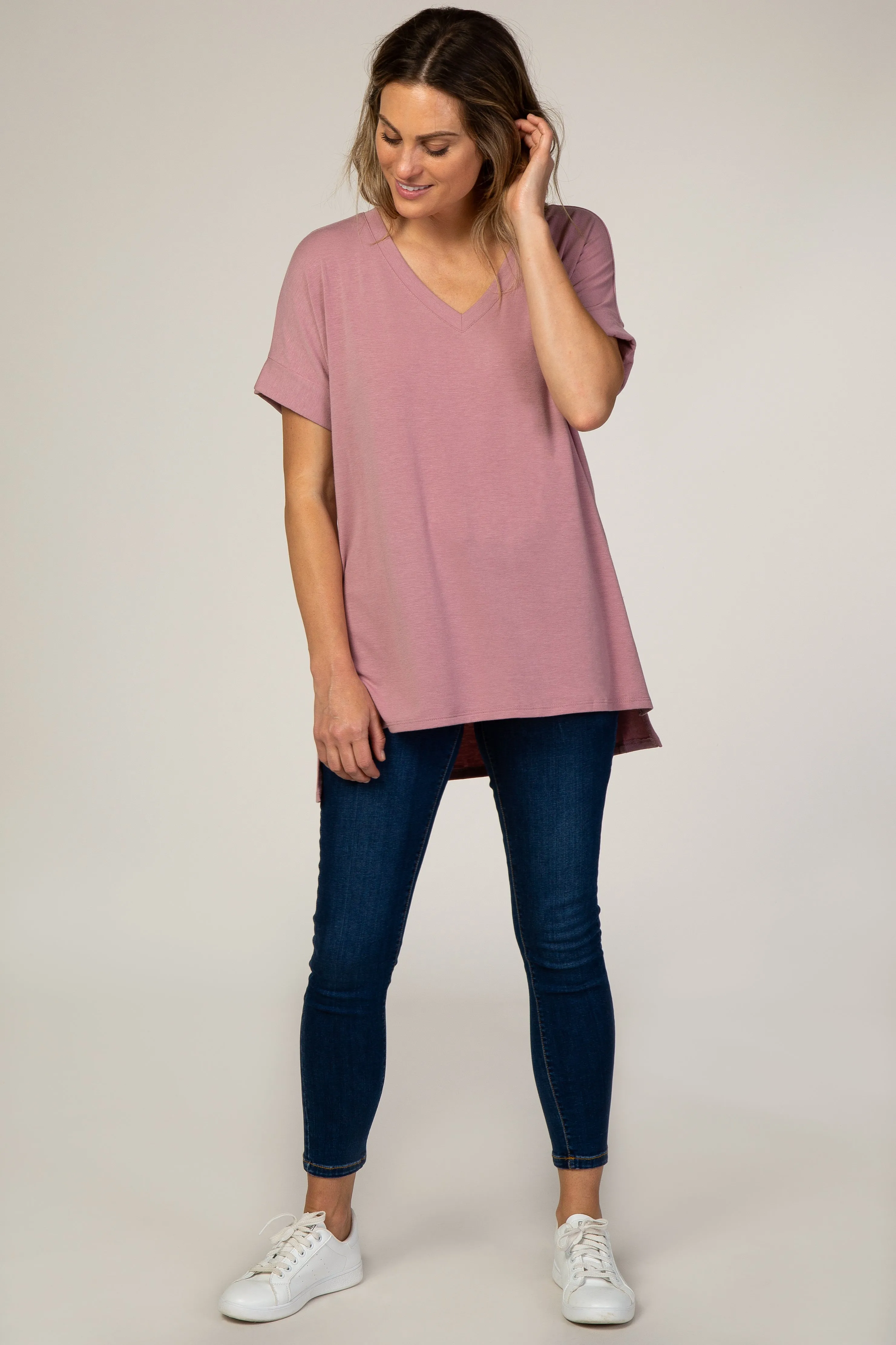 Mauve V-Neck Cuffed Short Sleeve Top sold by Pinkblush product image thumbnail 2