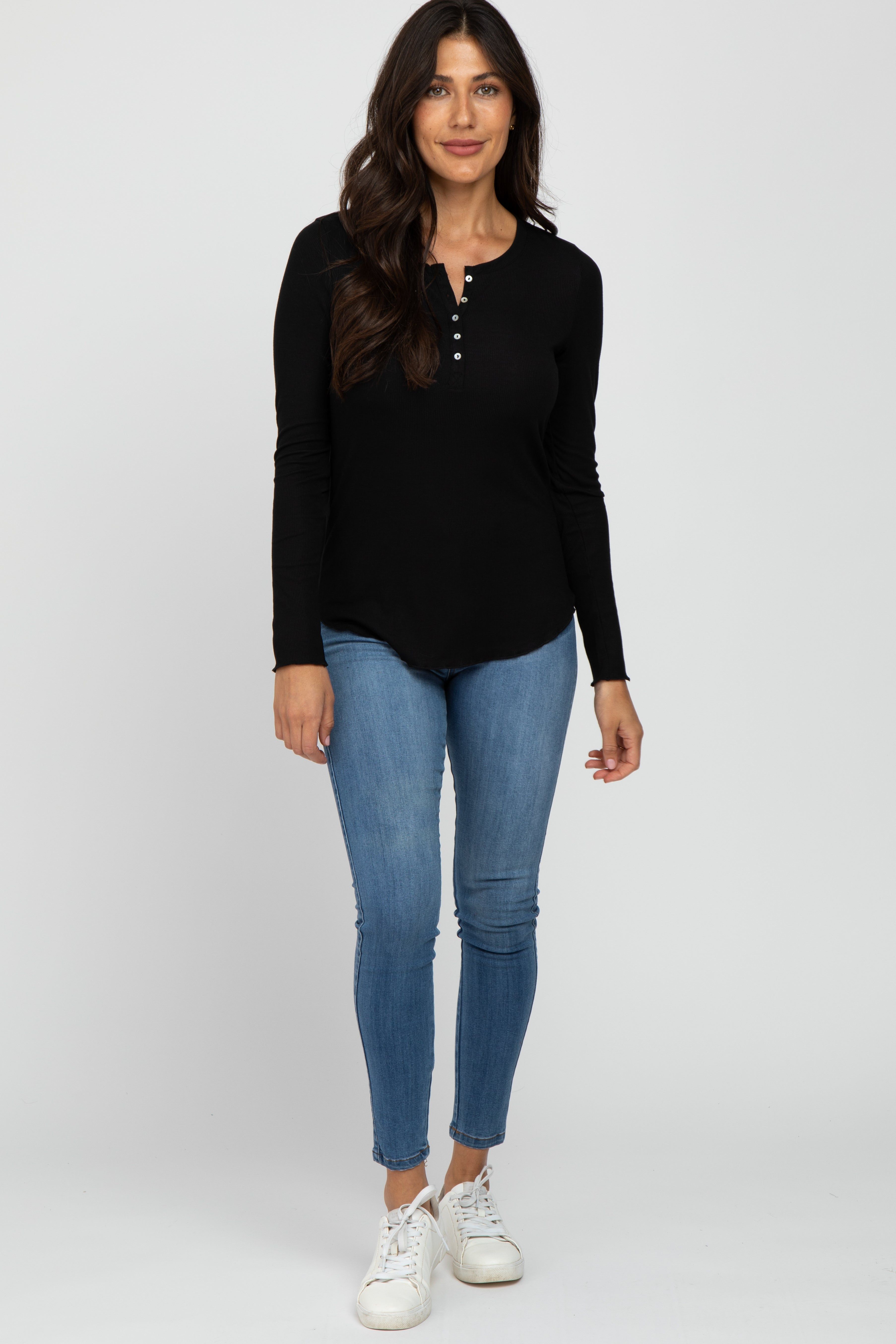 Black Ribbed Button Front Long Sleeve Top sold by Pinkblush product image thumbnail 4