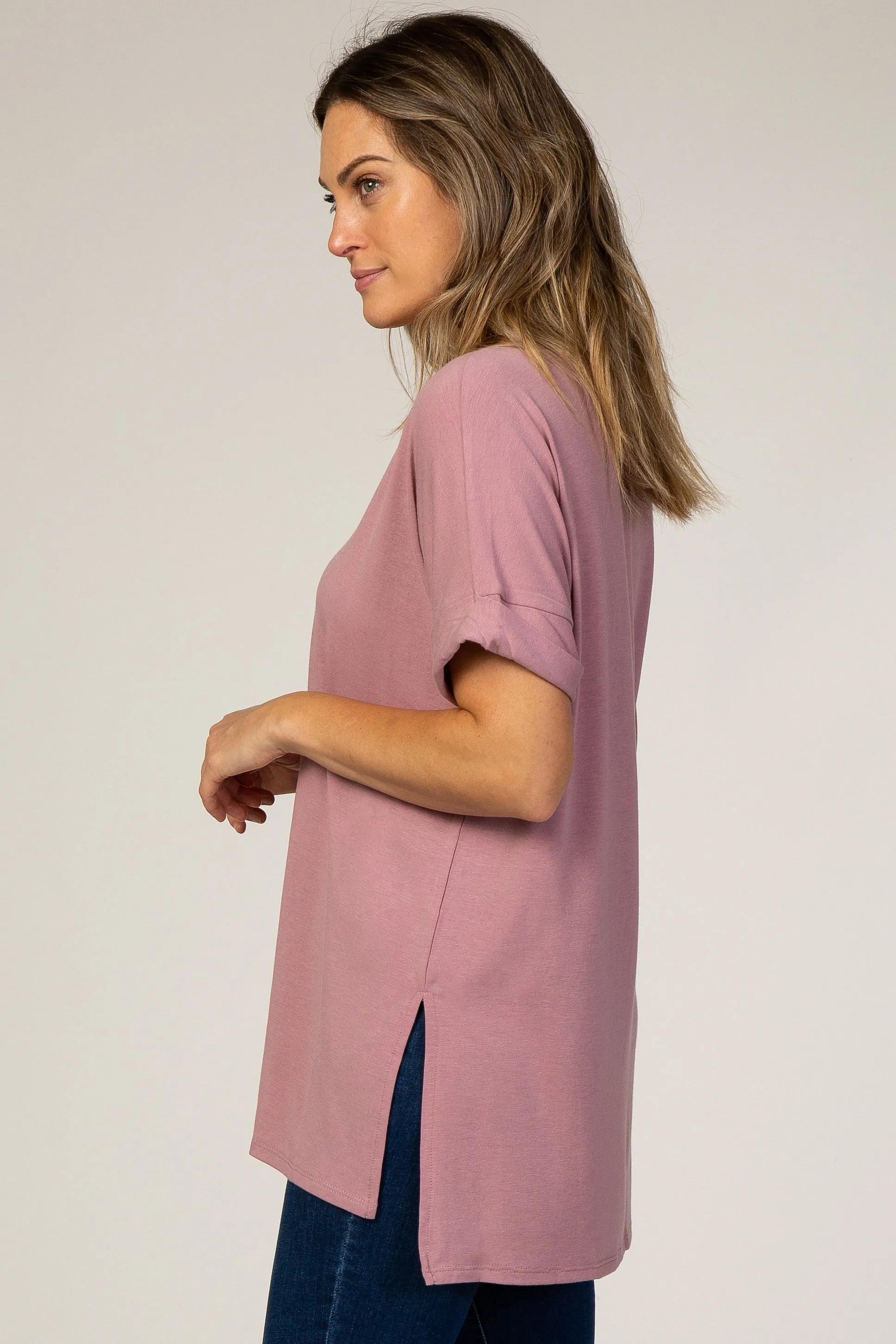 Mauve V-Neck Cuffed Short Sleeve Top sold by Pinkblush product image thumbnail 3