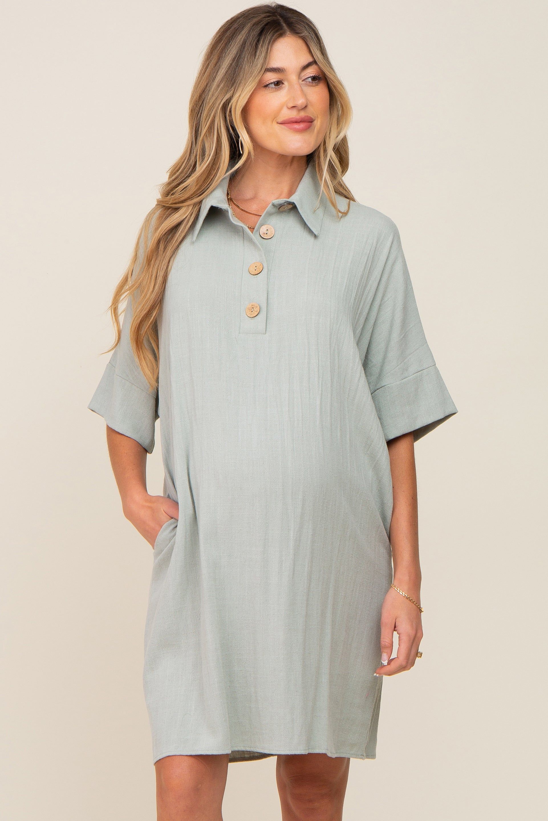 Light Olive Linen Front Button Collared Maternity Dress sold by Pinkblush product image thumbnail 2