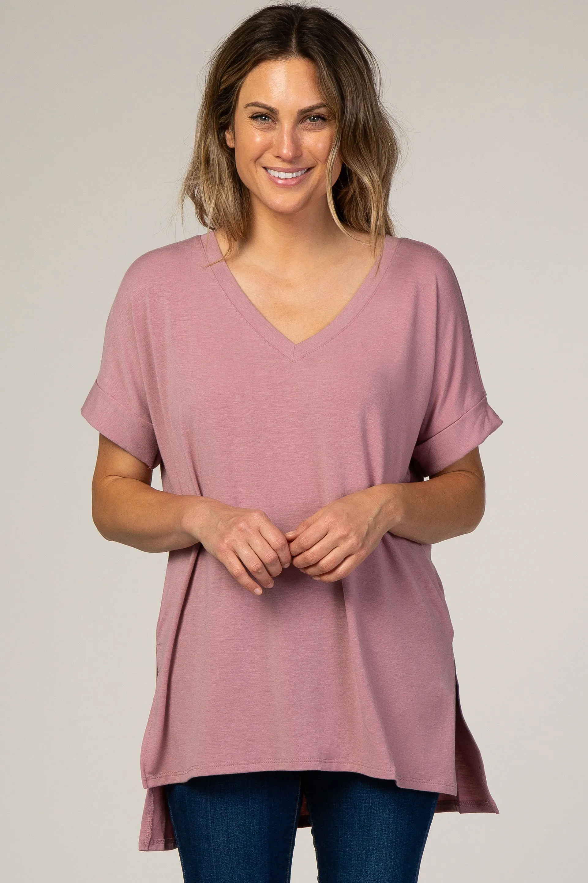 Mauve V-Neck Cuffed Short Sleeve Top sold by Pinkblush