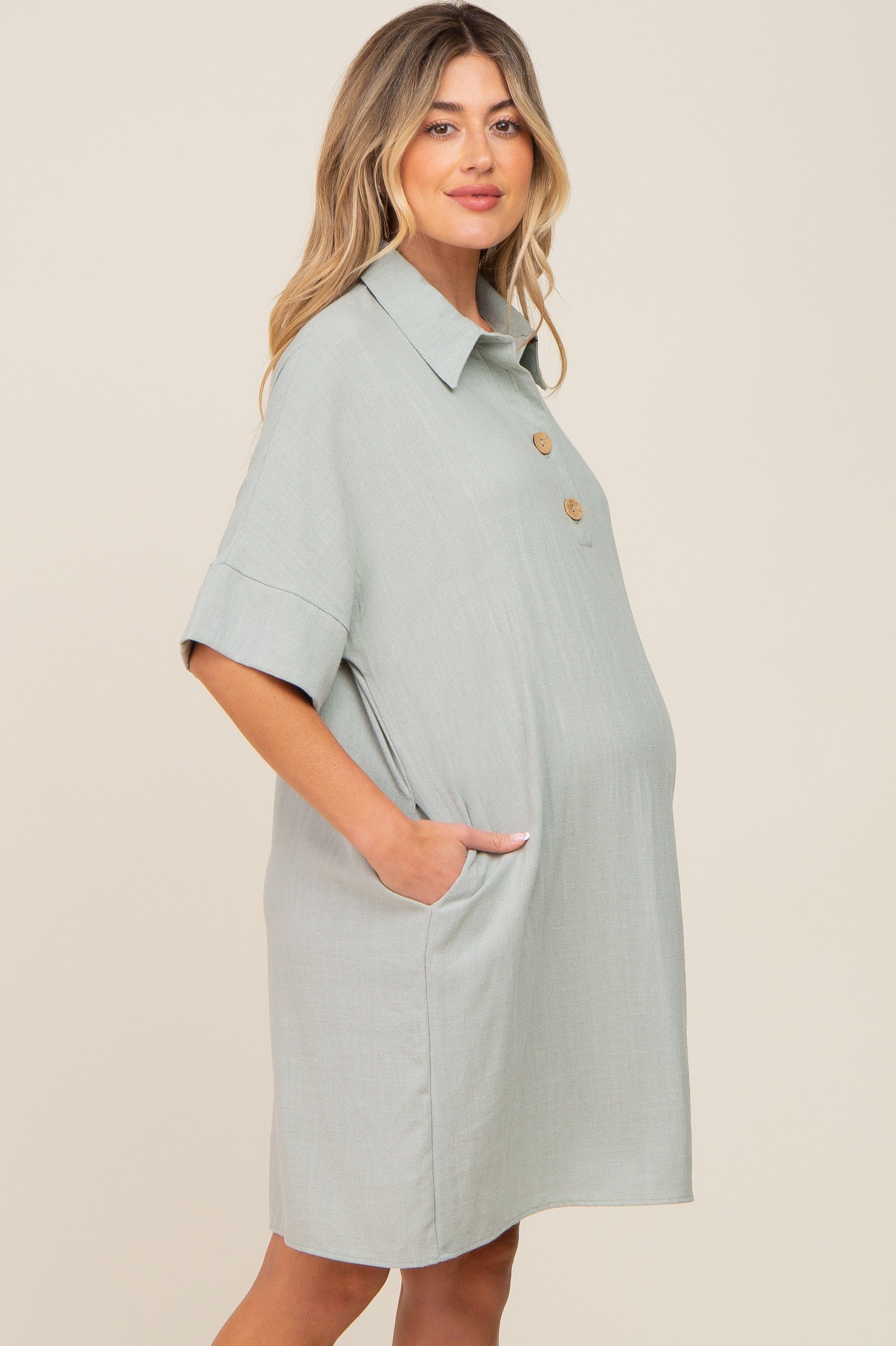 Light Olive Linen Front Button Collared Maternity Dress sold by Pinkblush product image thumbnail 3