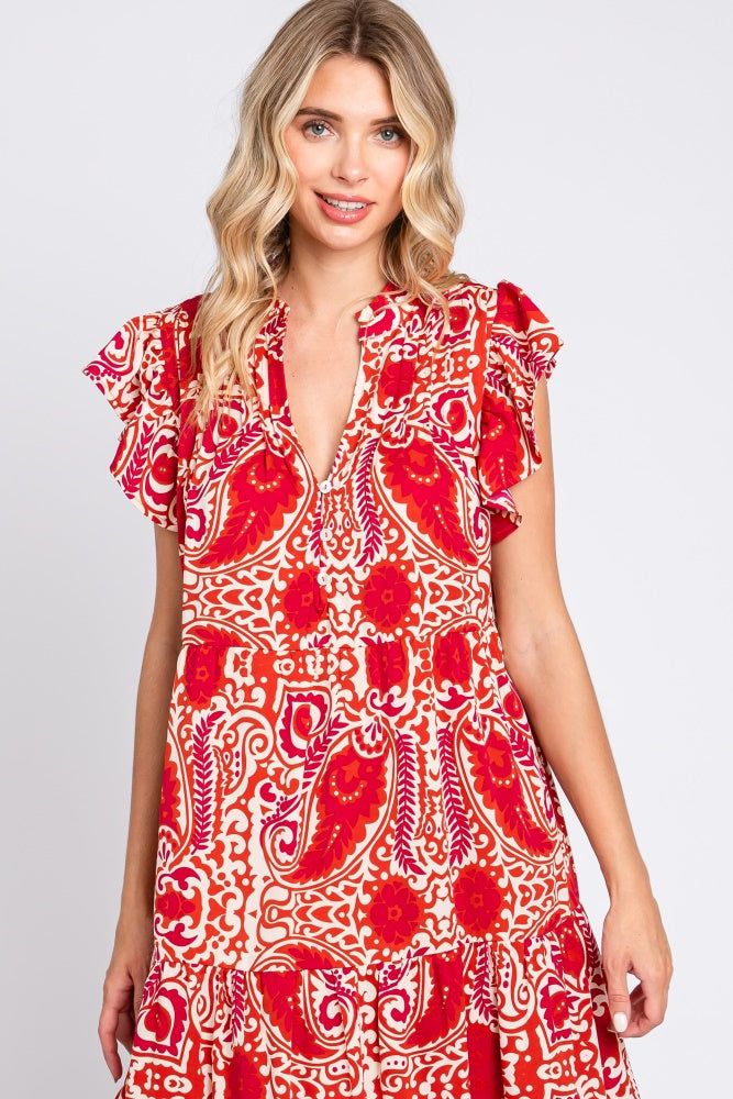 Red Paisely Flutter Sleeve Button Front Tiered Midi Dress sold by Pinkblush product image thumbnail 4