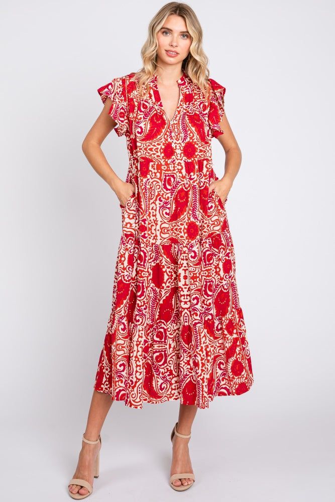 Red Paisely Flutter Sleeve Button Front Tiered Midi Dress sold by Pinkblush
