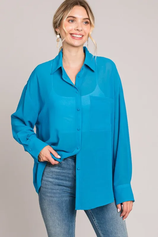 Blue Sheer Button Down Blouse sold by Pinkblush
