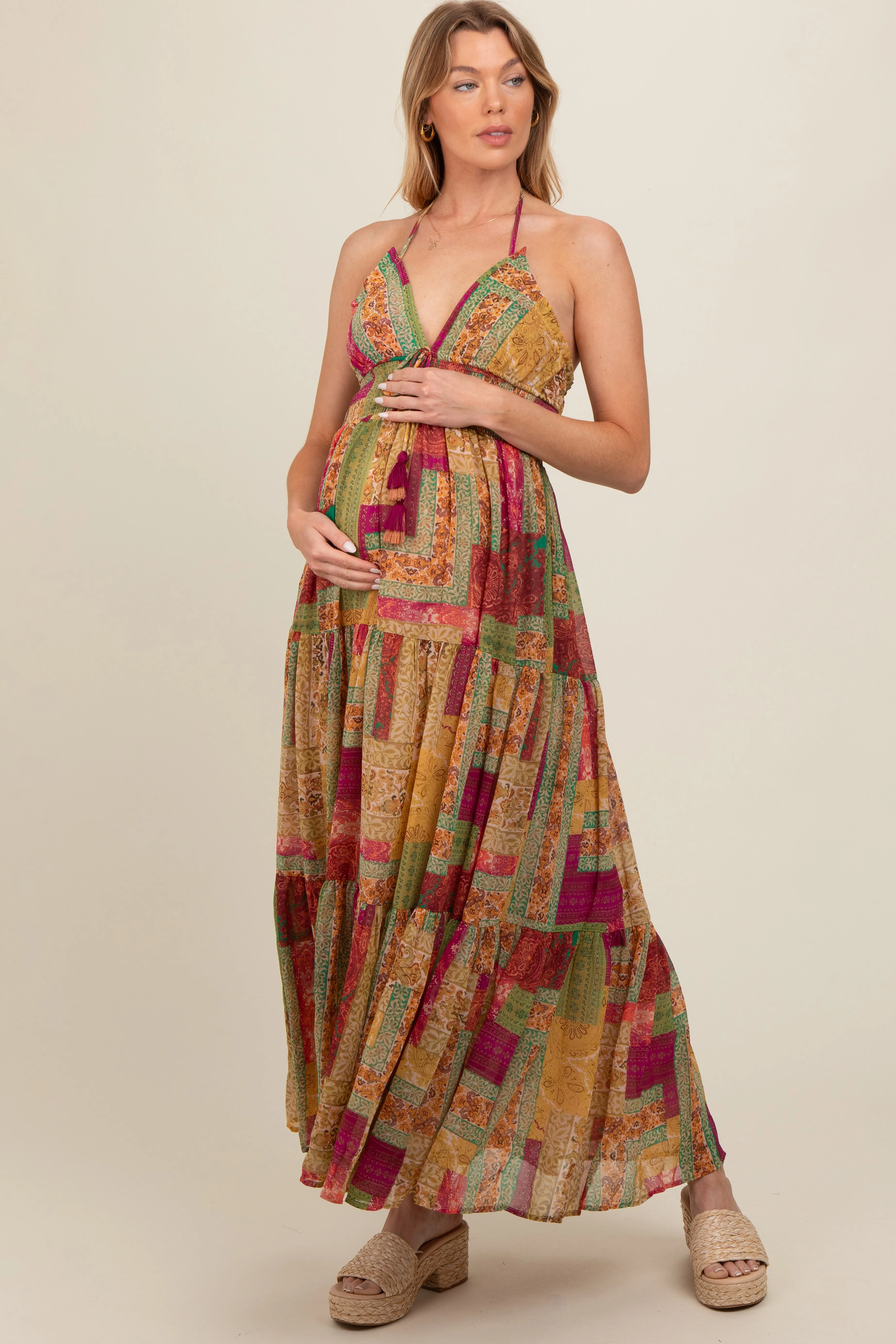 Olive Patchwork Print Halter Maternity Maxi Dress sold by Pinkblush