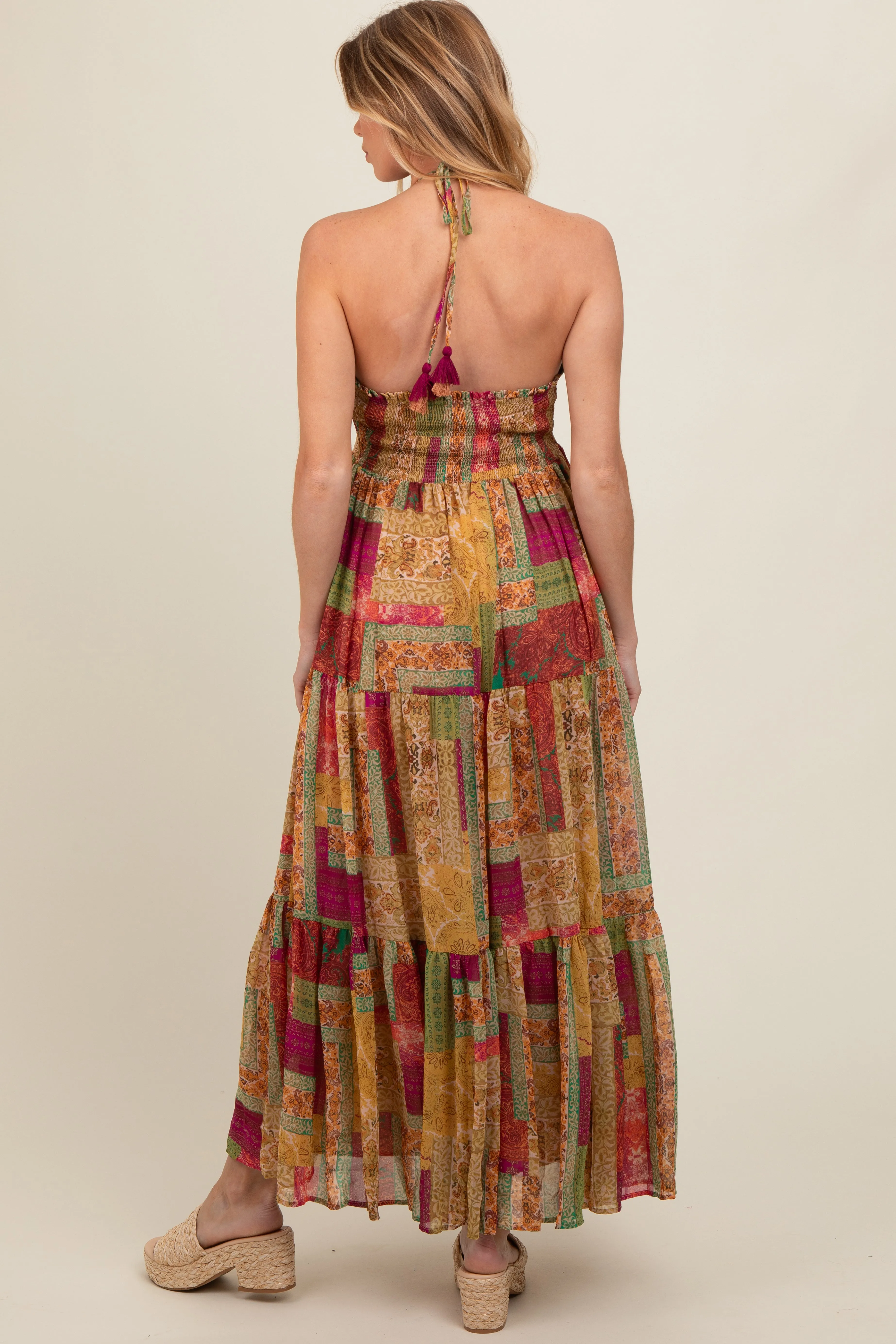 Olive Patchwork Print Halter Maternity Maxi Dress sold by Pinkblush product image thumbnail 2