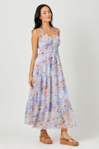 Lavender Mix Printed Long Tiered Dress sold by Pinkblush