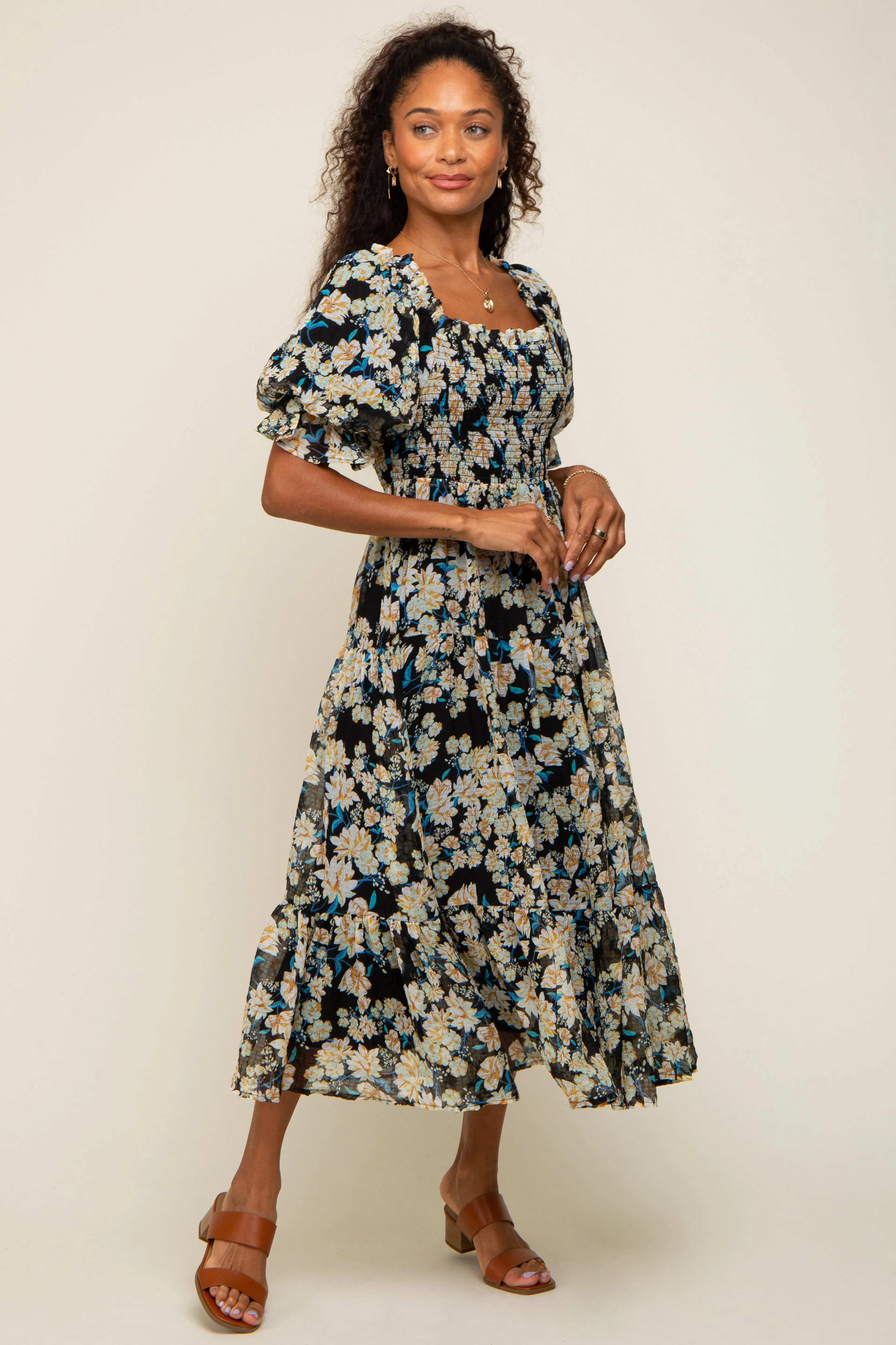 Black Floral Puff Sleeve Midi Dress sold by Pinkblush product image thumbnail 4