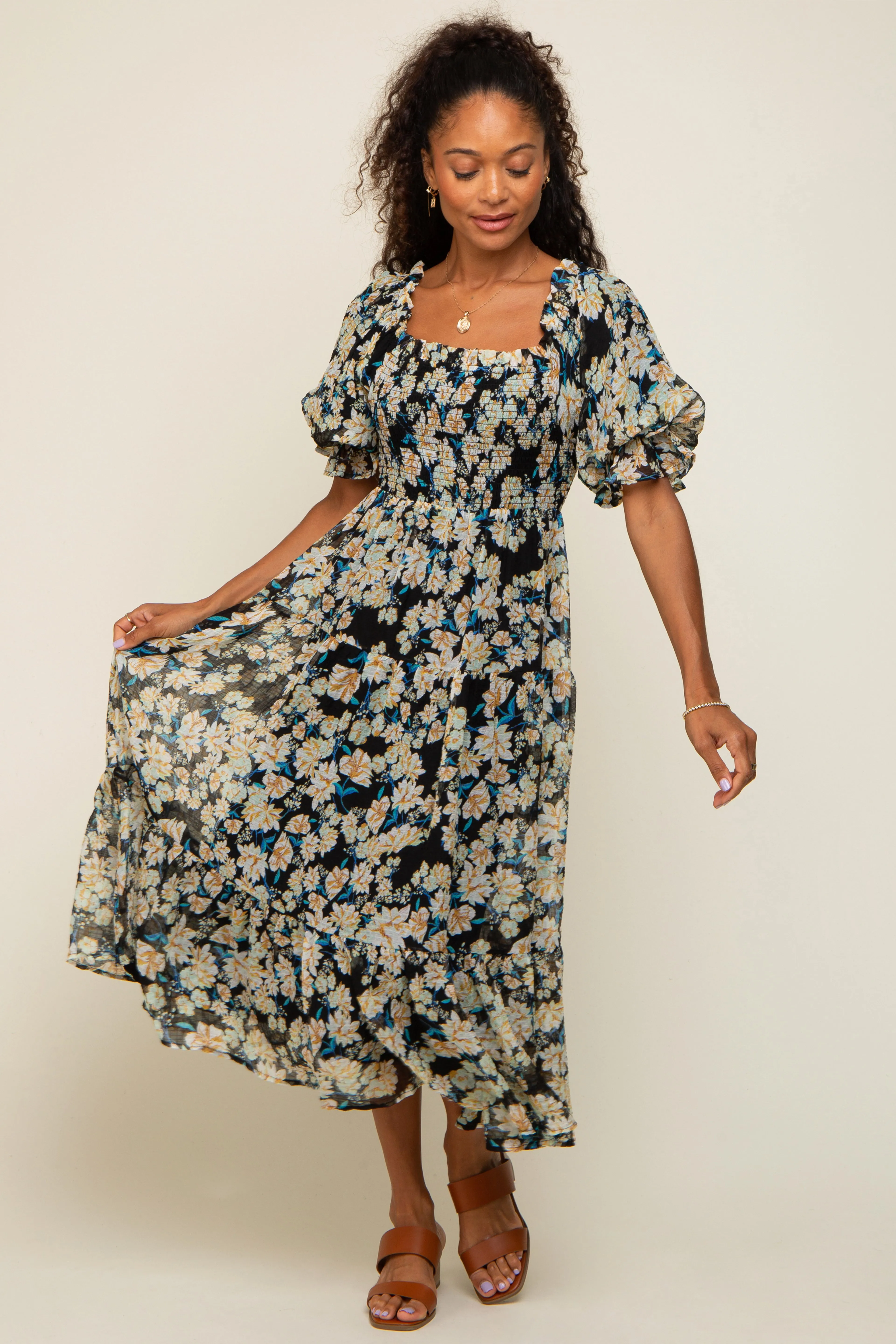 Black Floral Puff Sleeve Midi Dress sold by Pinkblush