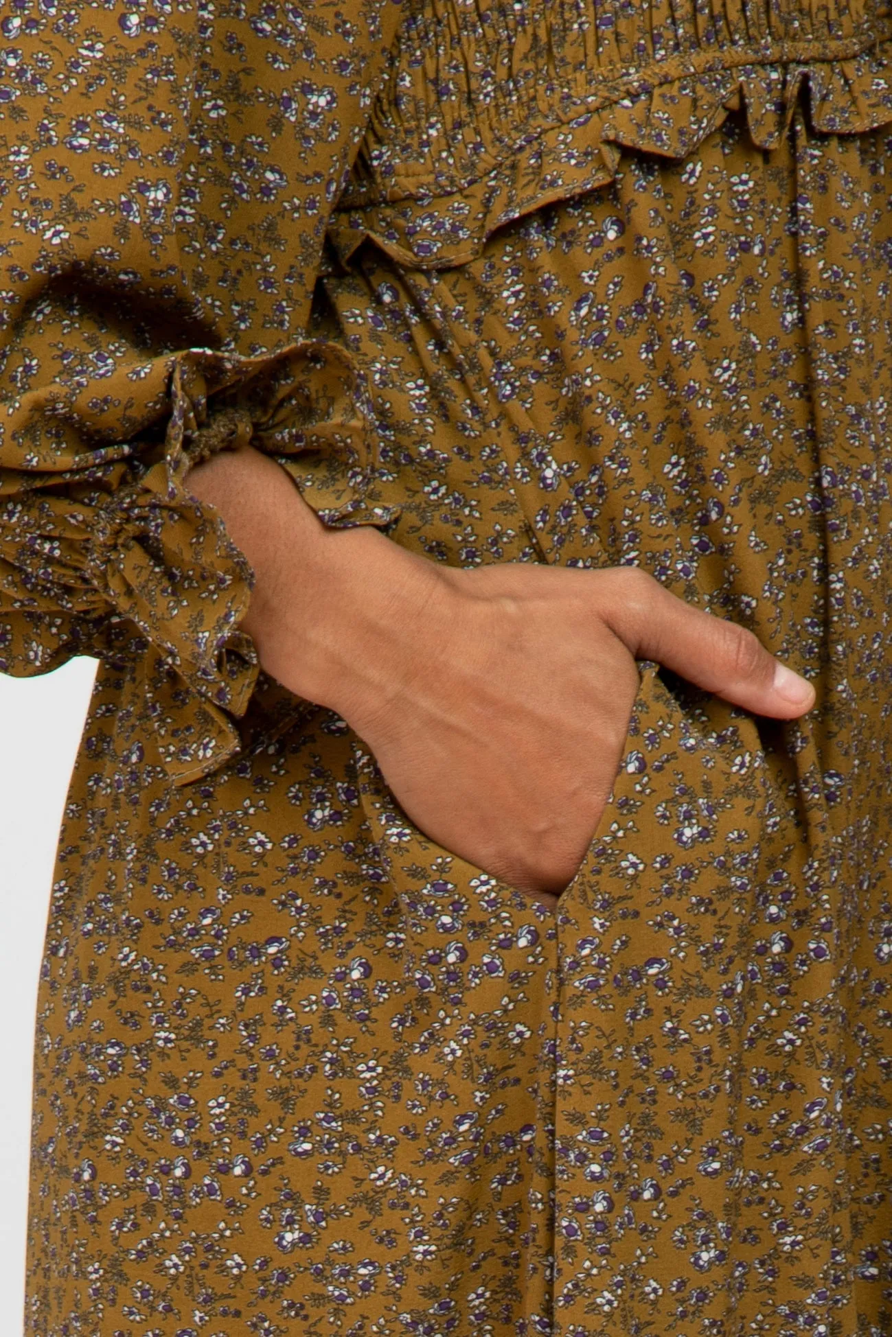 Olive Floral Ruffle Sweetheart Neck Midi Dress sold by Pinkblush product image thumbnail 4