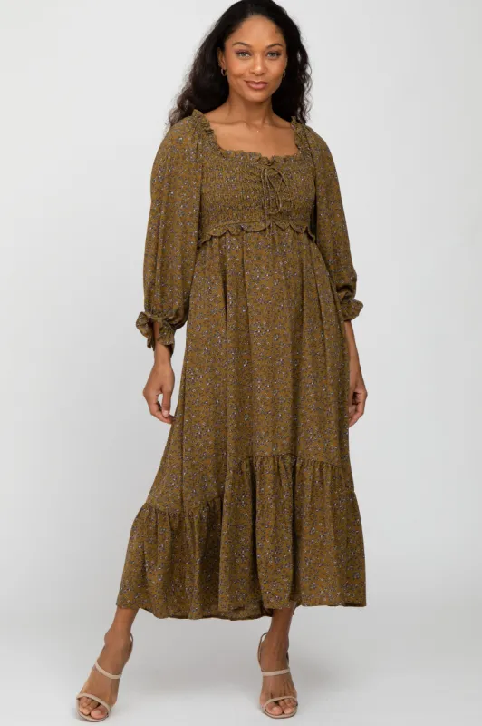 Olive Floral Ruffle Sweetheart Neck Midi Dress sold by Pinkblush