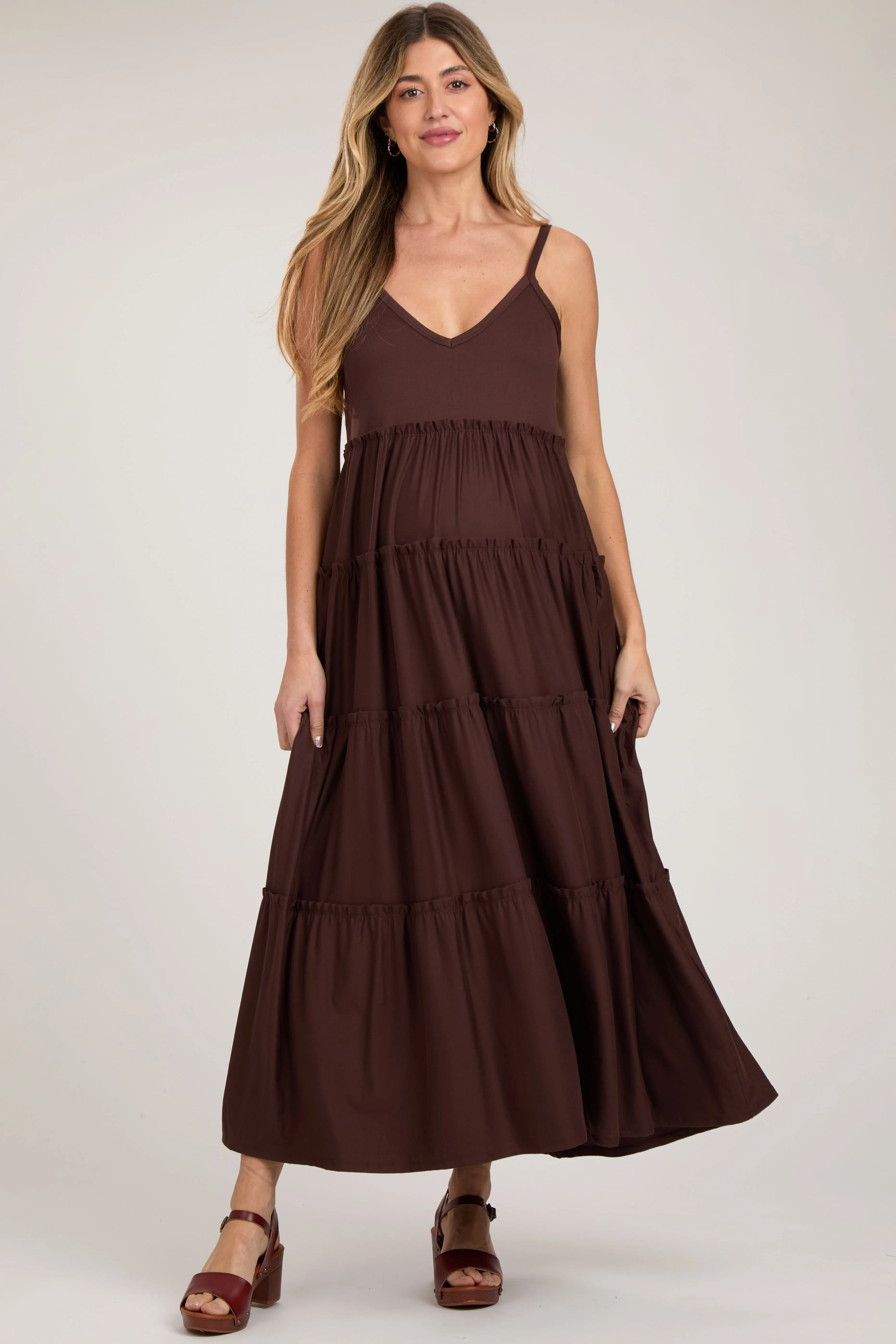 Brown Tiered Sleeveless Maternity Maxi Dress sold by Pinkblush