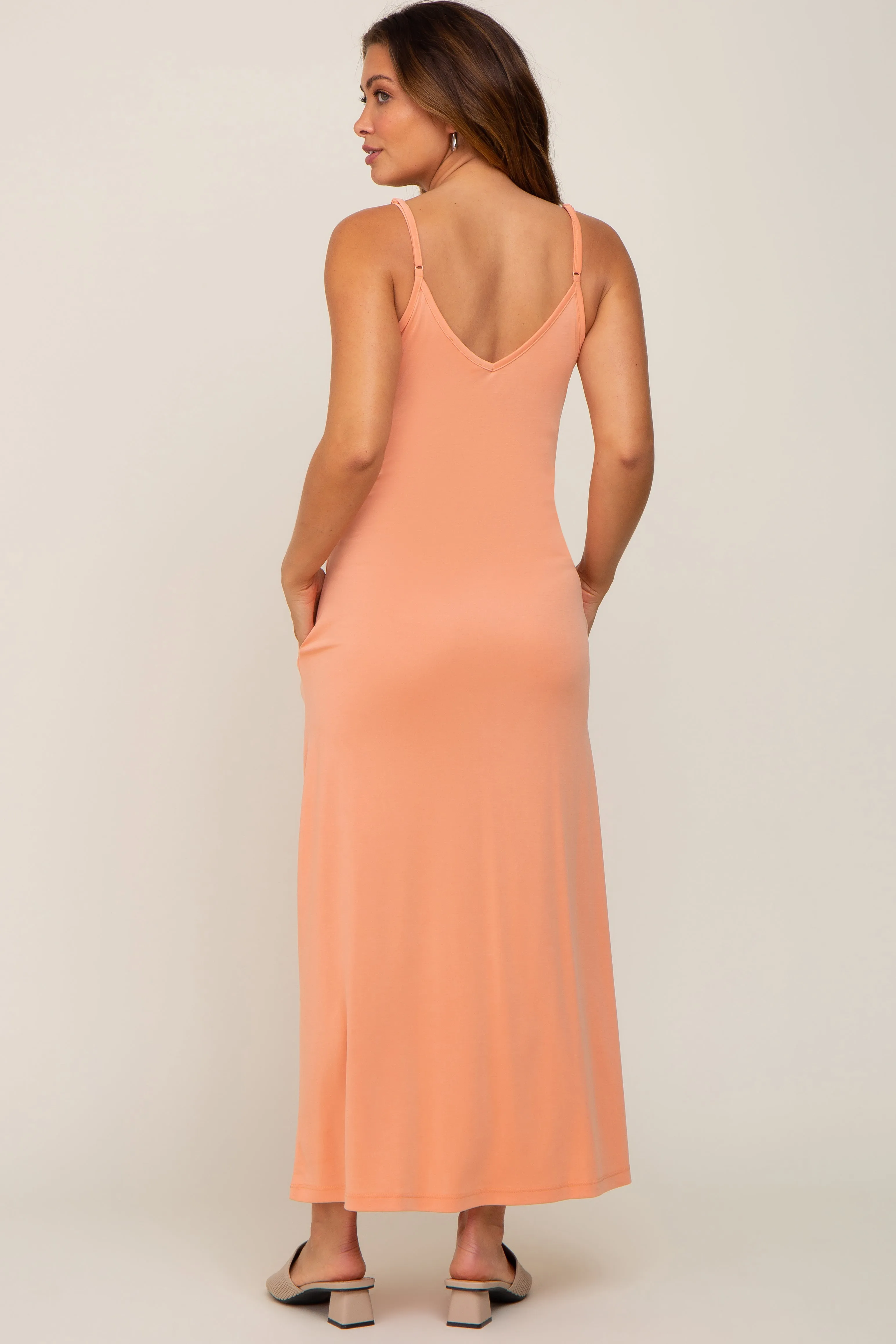 Peach Sleeveless V-Neck Maternity Maxi Dress sold by Pinkblush product image thumbnail 3