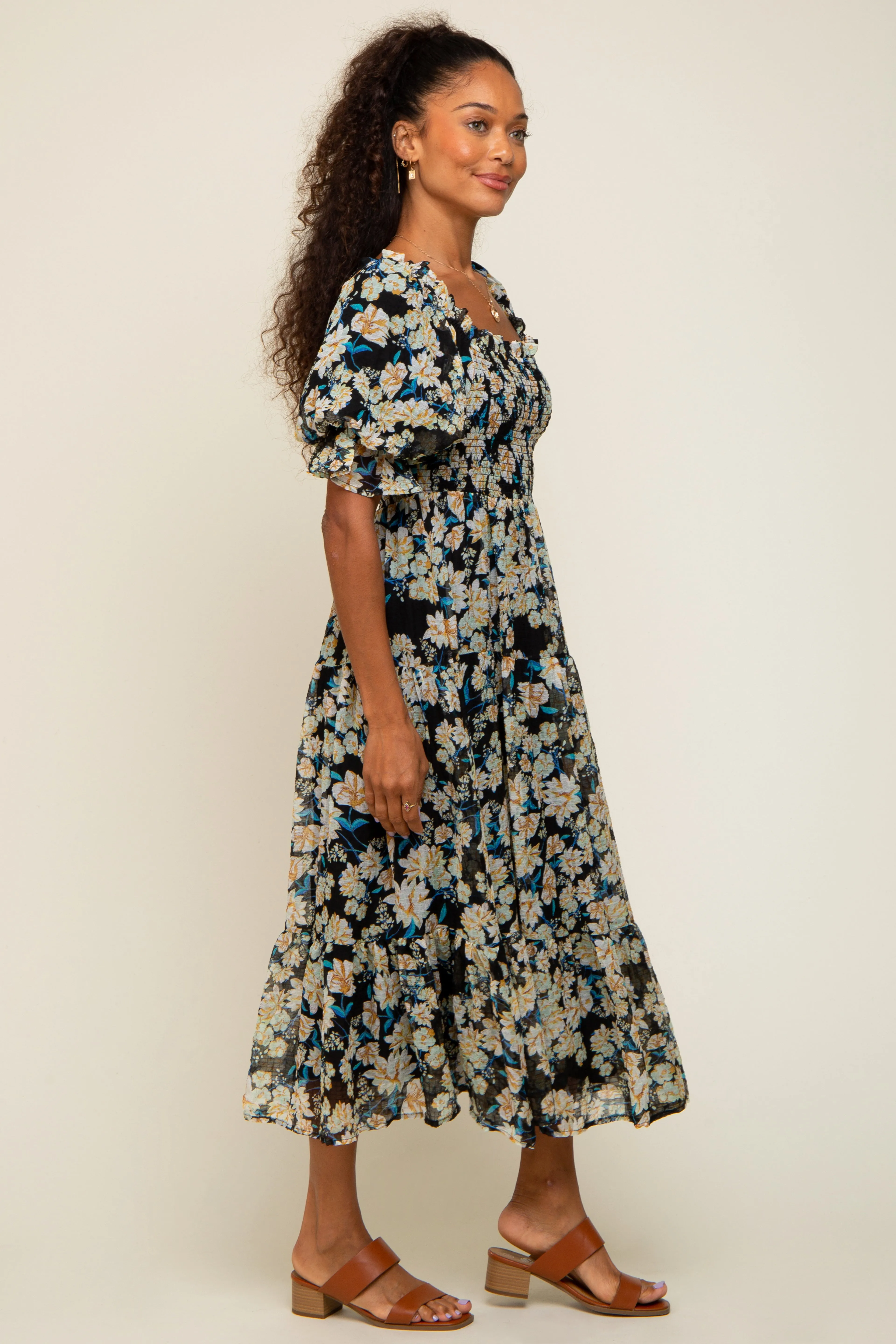 Black Floral Puff Sleeve Midi Dress sold by Pinkblush product image thumbnail 2