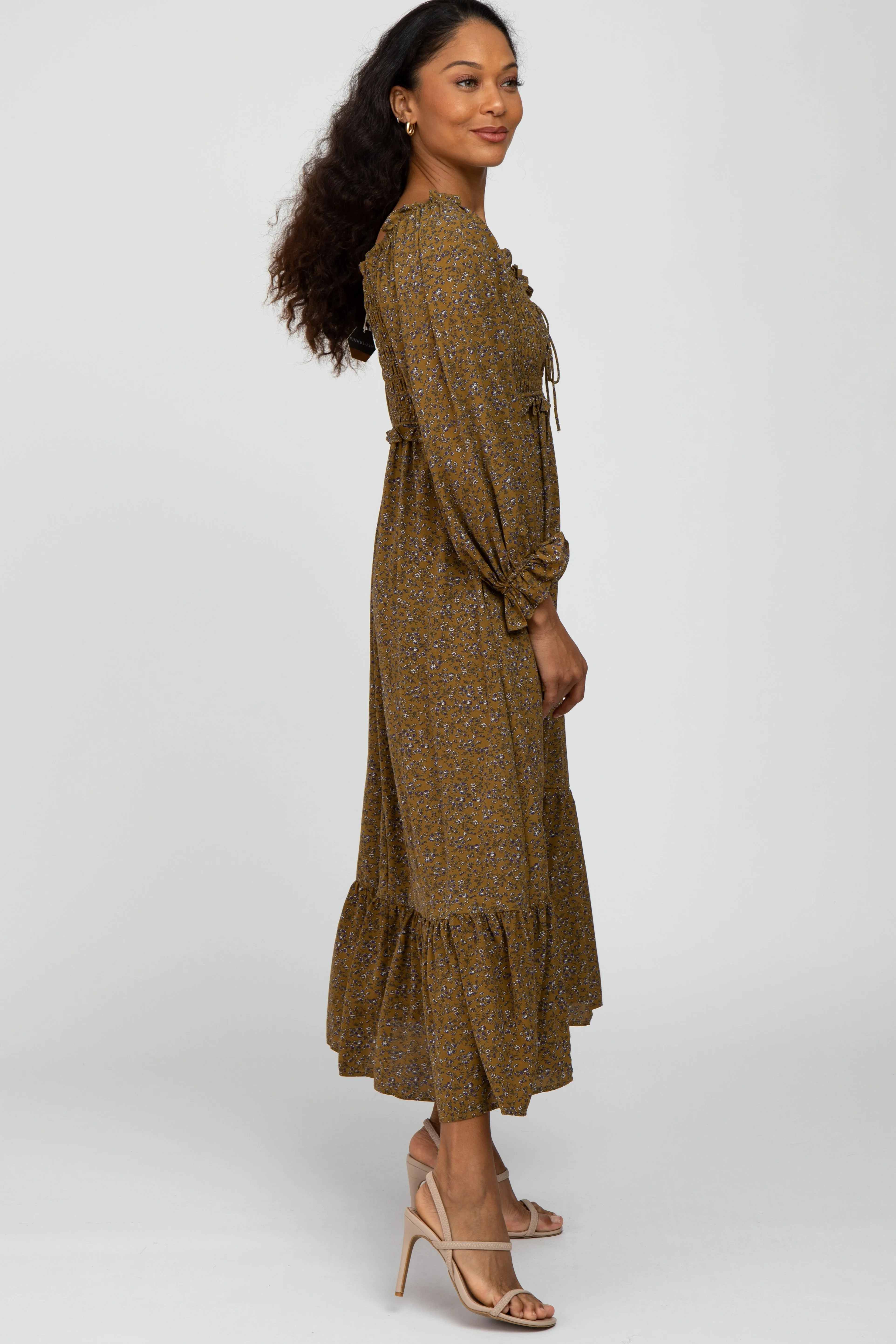 Olive Floral Ruffle Sweetheart Neck Midi Dress sold by Pinkblush product image thumbnail 2