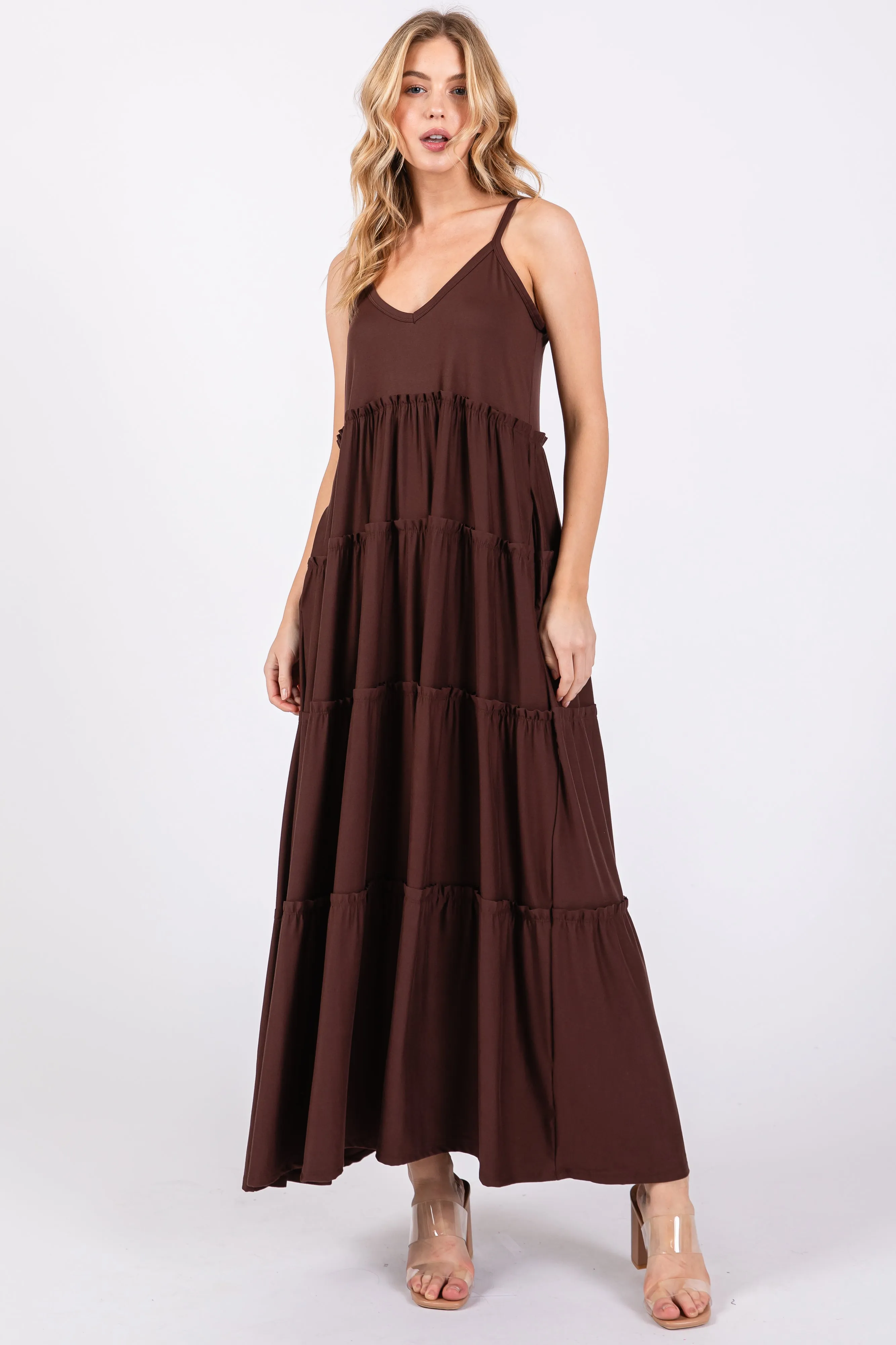 Brown Tiered Sleeveless Maternity Maxi Dress sold by Pinkblush product image thumbnail 4