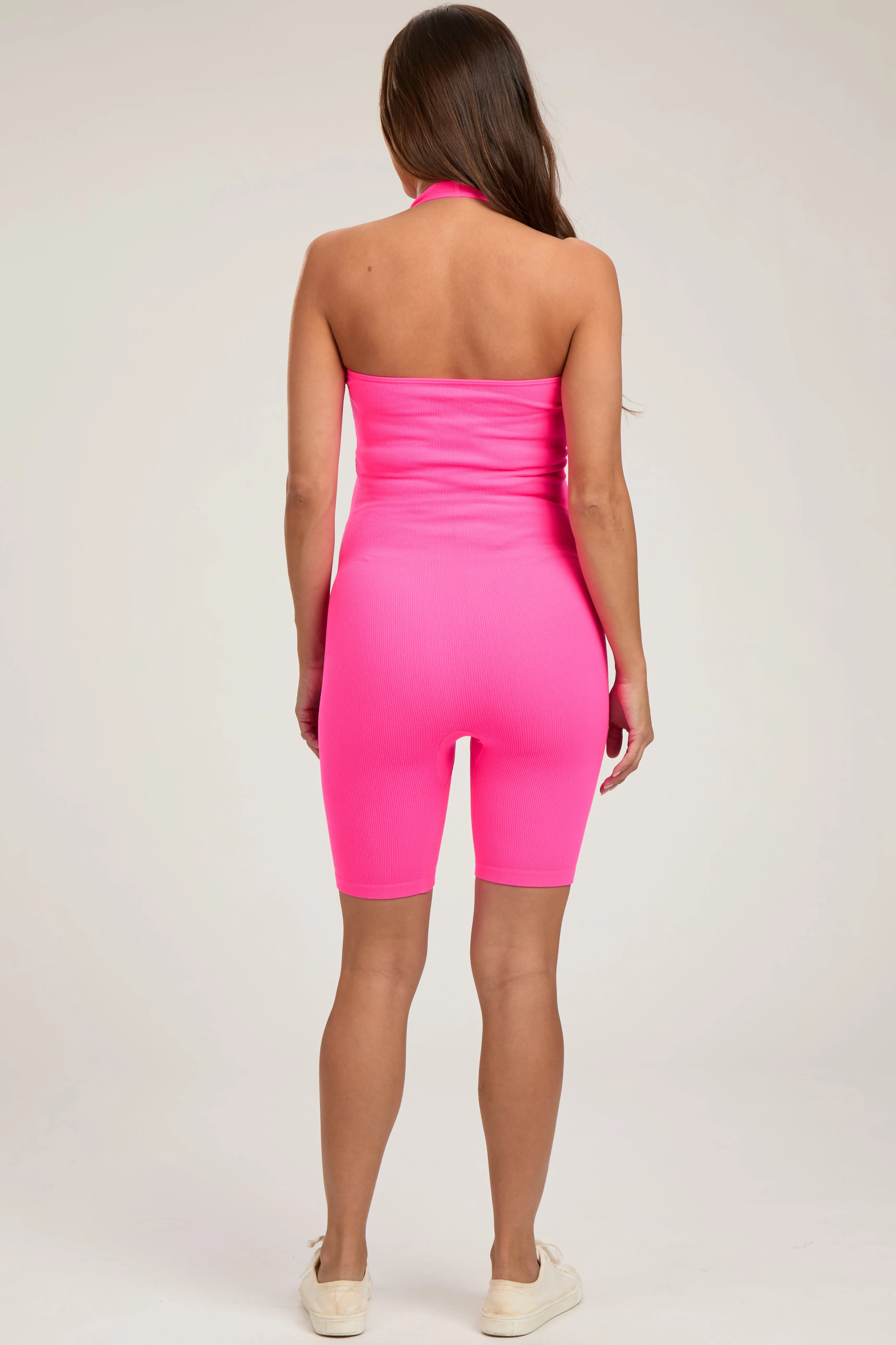 Fuchsia Ribbed Fitted Halter Maternity Romper sold by Pinkblush product image thumbnail 3