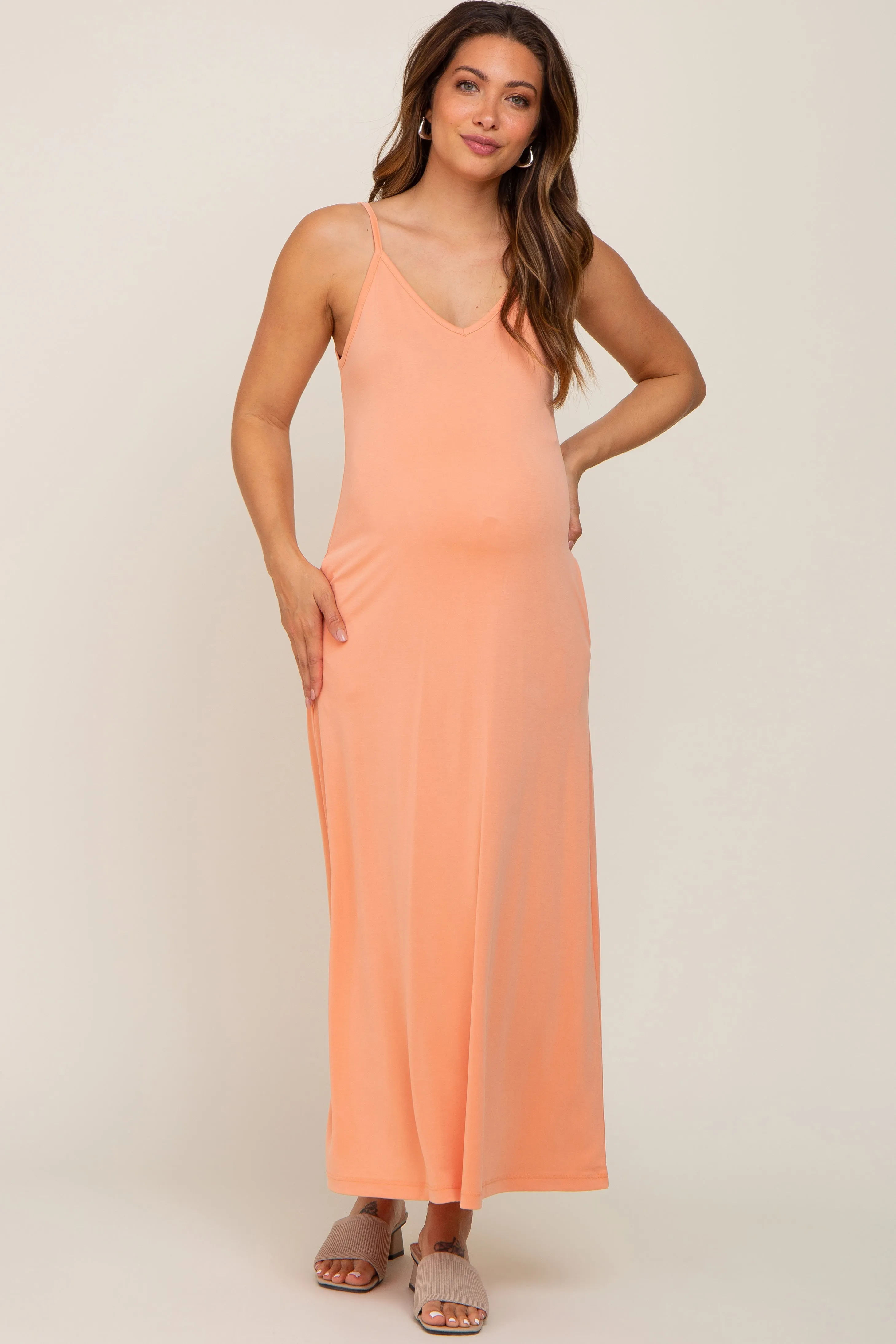 Peach Sleeveless V-Neck Maternity Maxi Dress sold by Pinkblush product image thumbnail 4